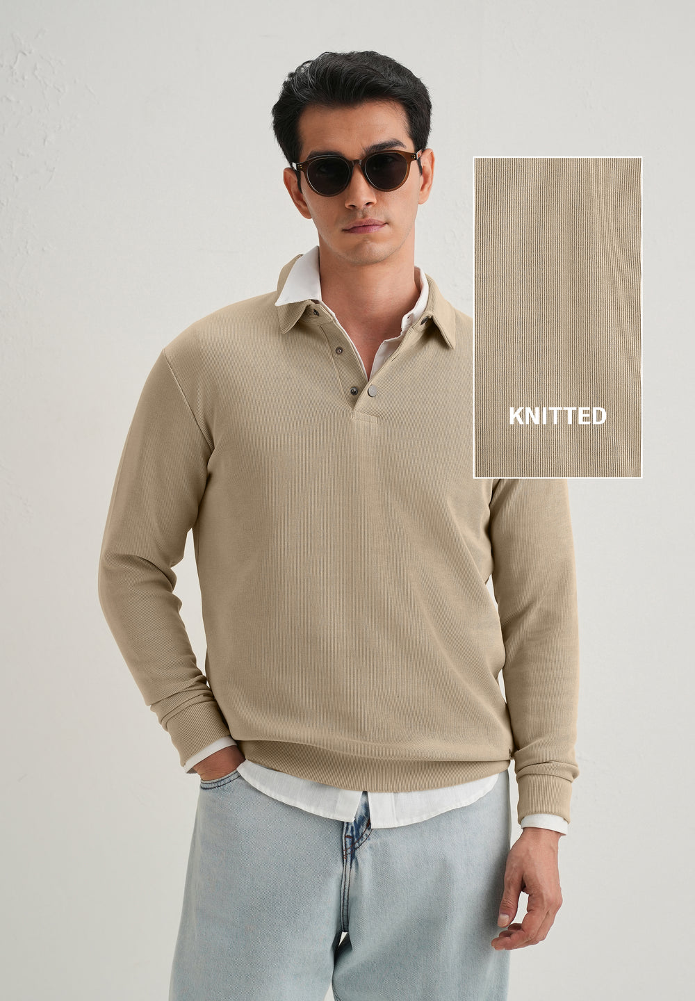 Beige Knitted Polo Sweatshirt