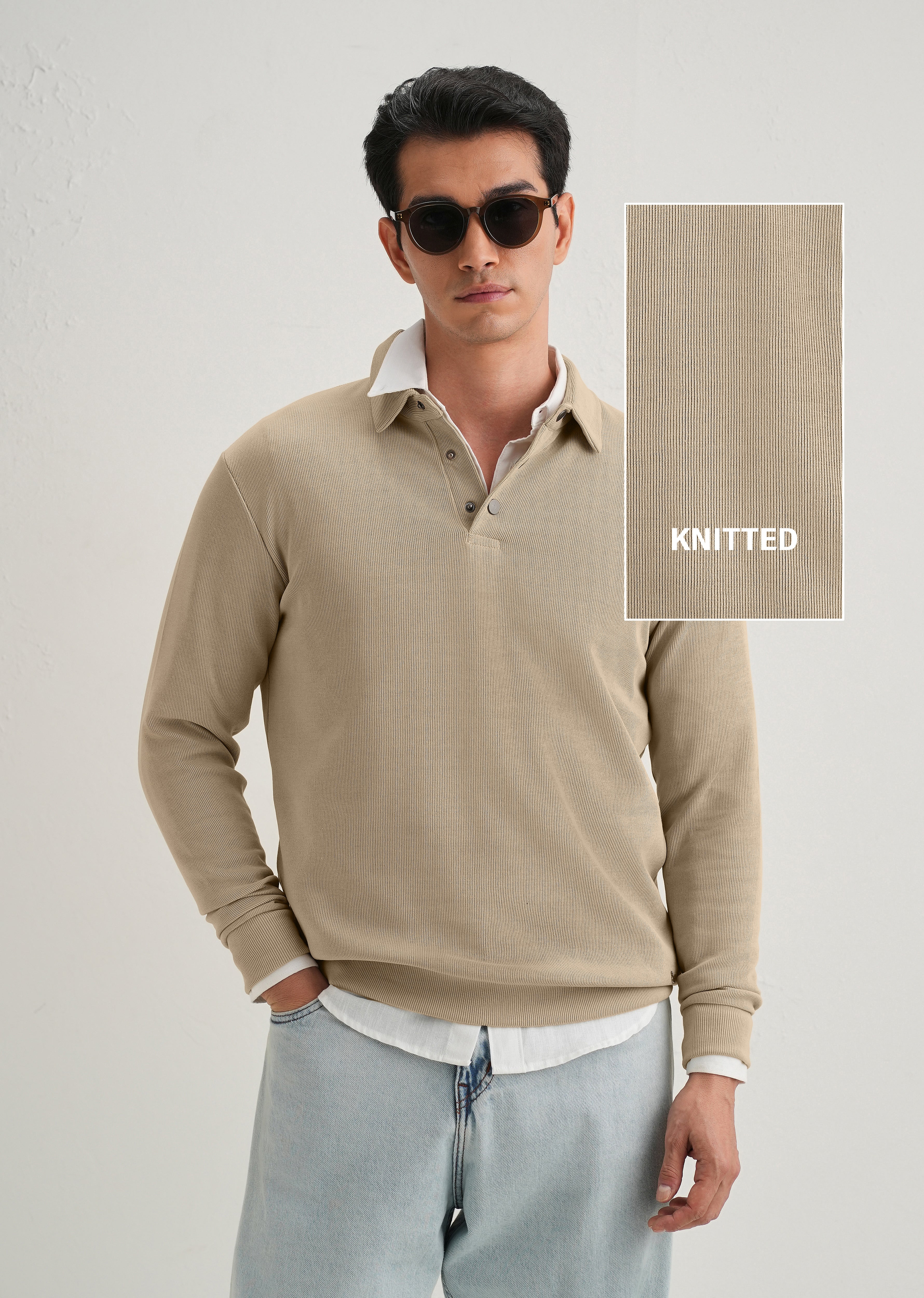 Beige Knitted Polo Sweatshirt