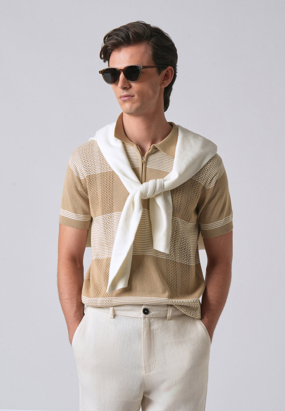 Beige Knitted Polo Zipper T-shirt