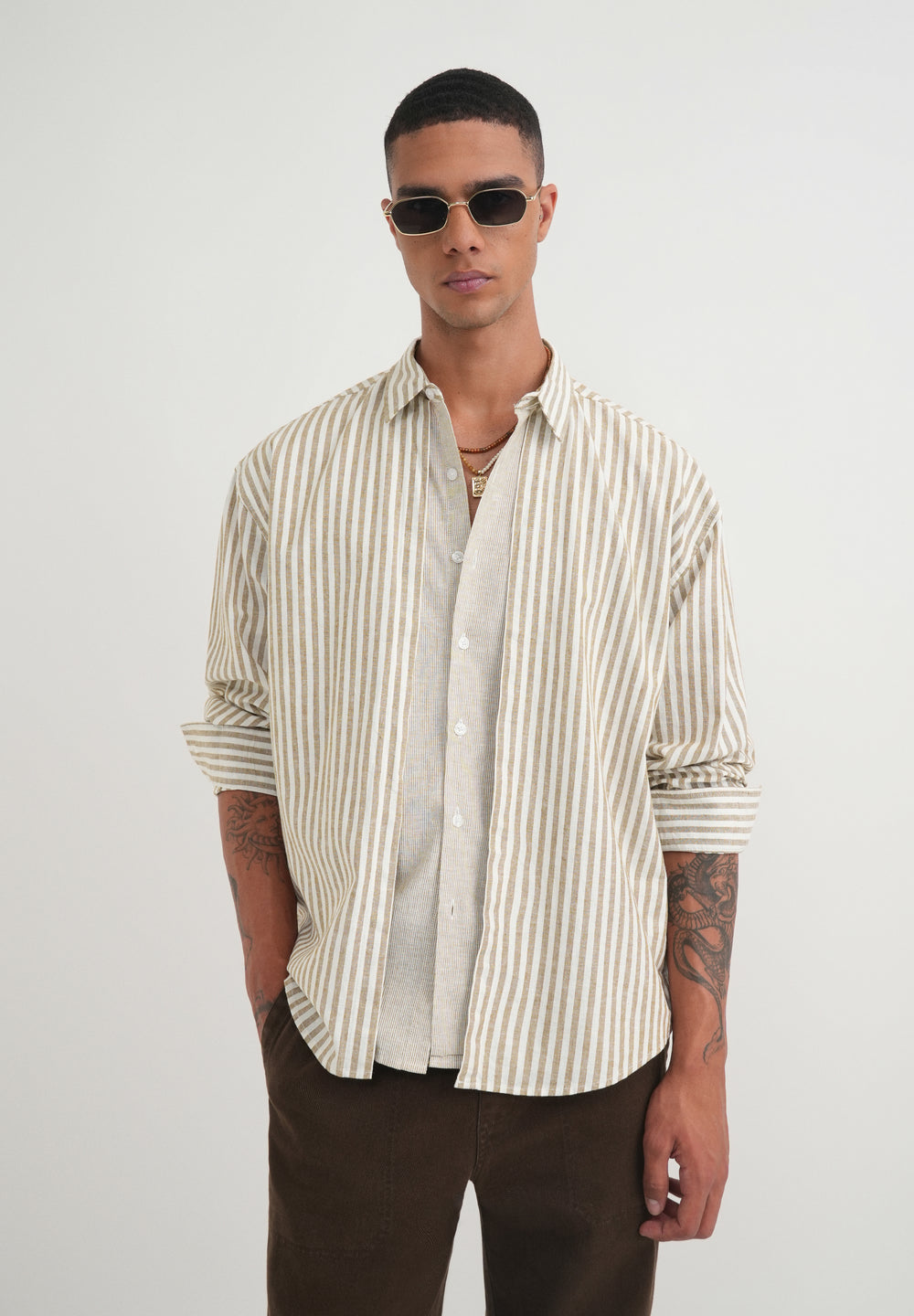 Beige Layered Look Stripe Shirt