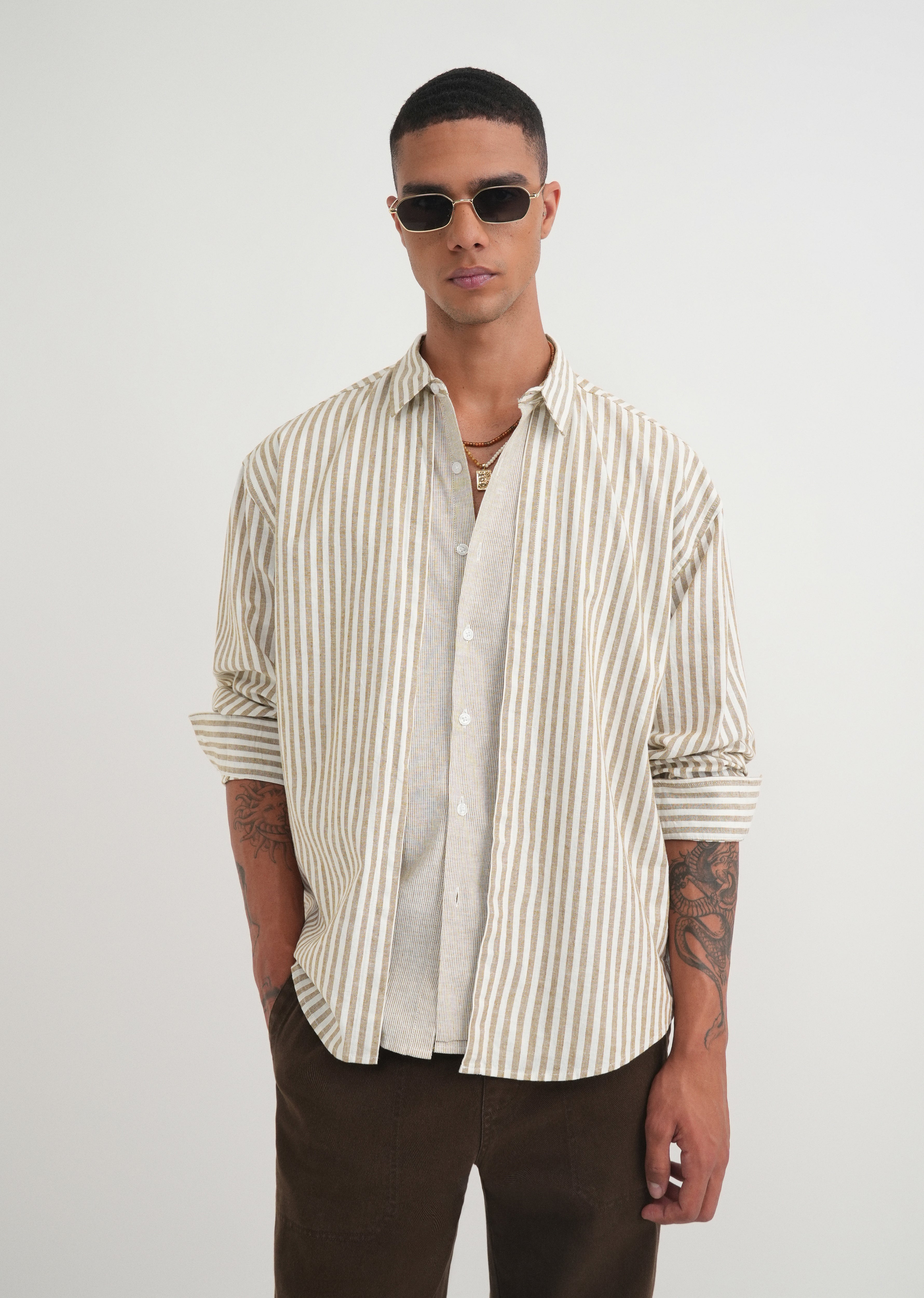 Beige Layered Look Stripe Shirt