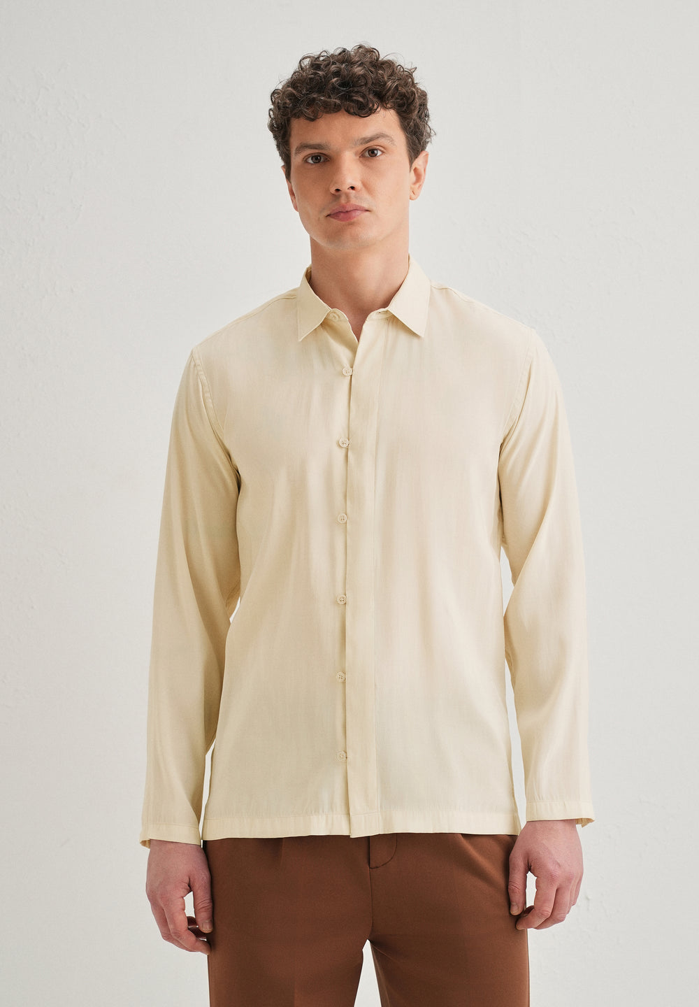 Beige Loop Button-Down Plain Shirt