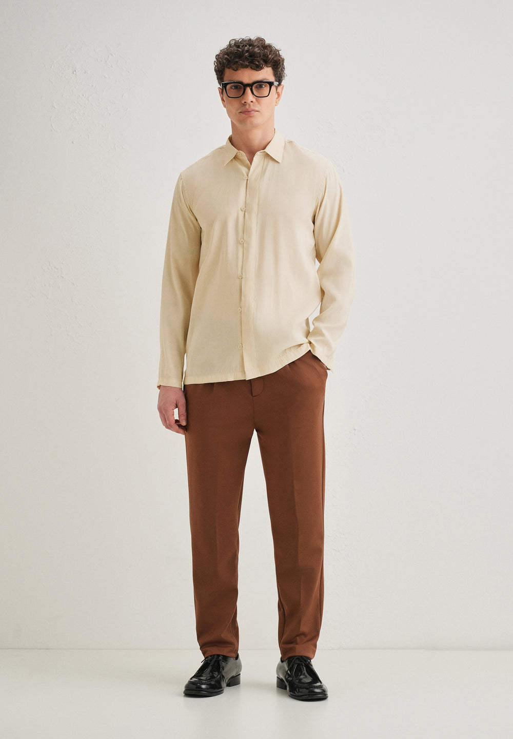 Beige Loop Button-Down Plain Shirt