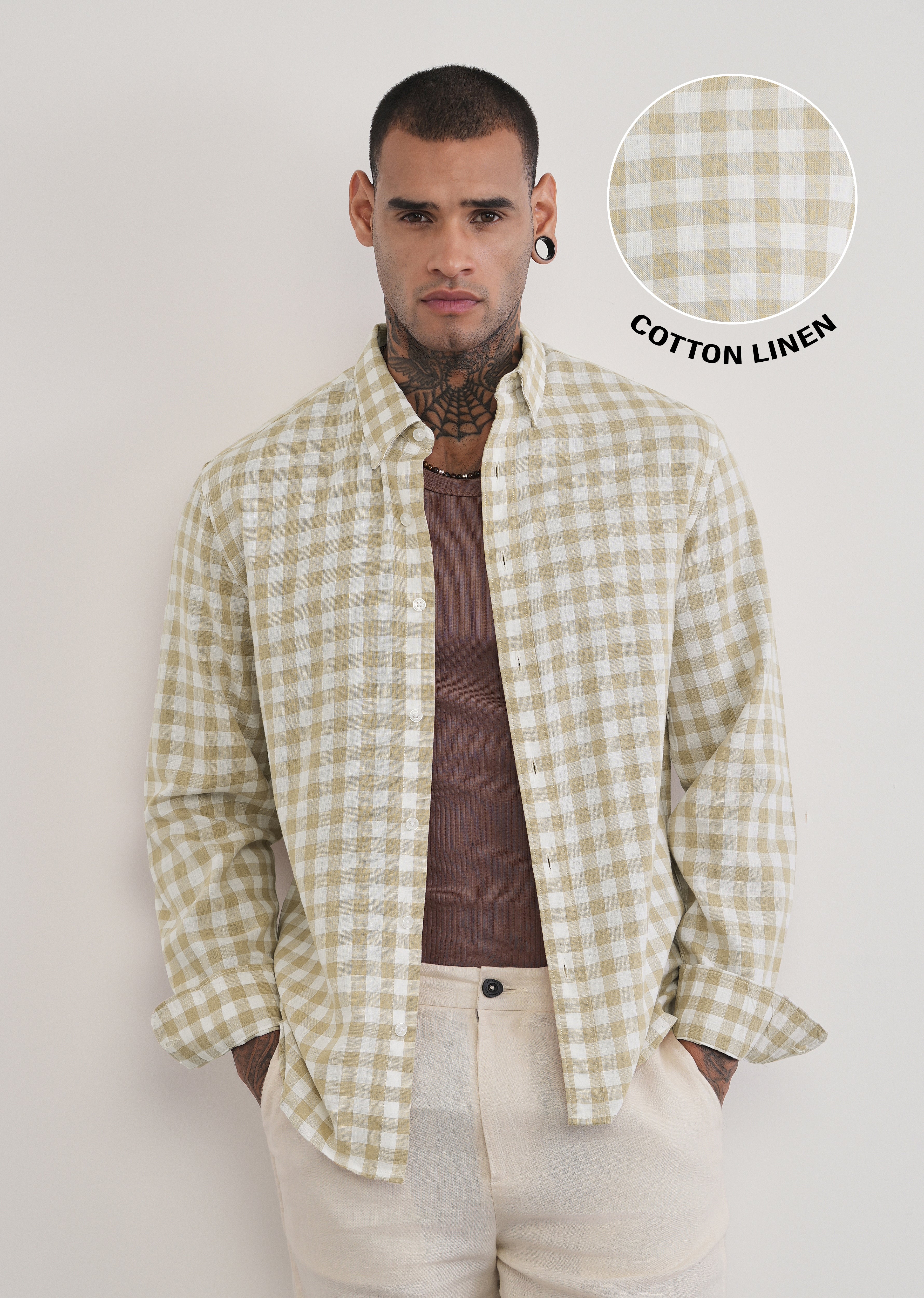 Beige Lyocell Linen Blend Check Shirt