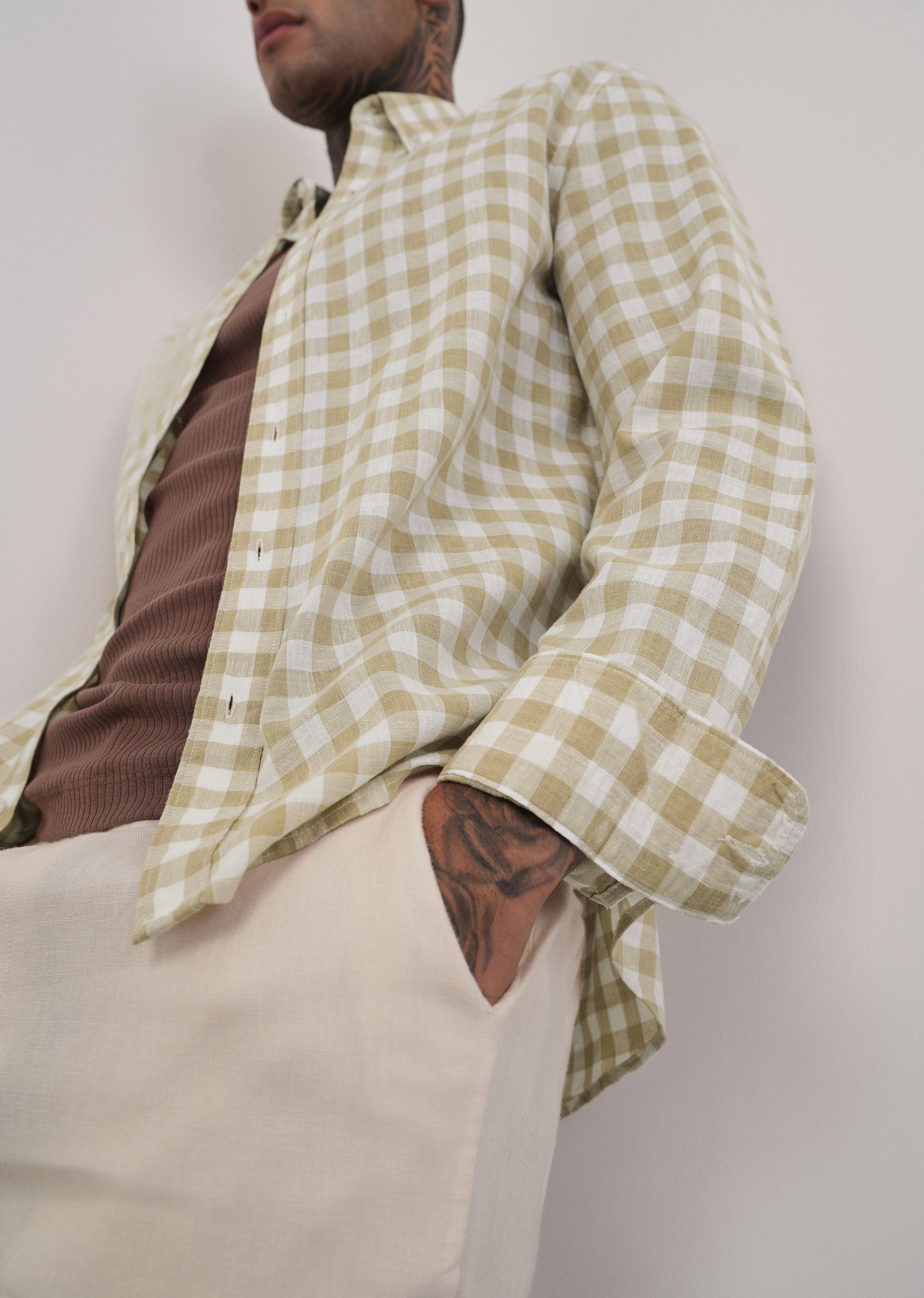 Beige Lyocell Linen Blend Check Shirt