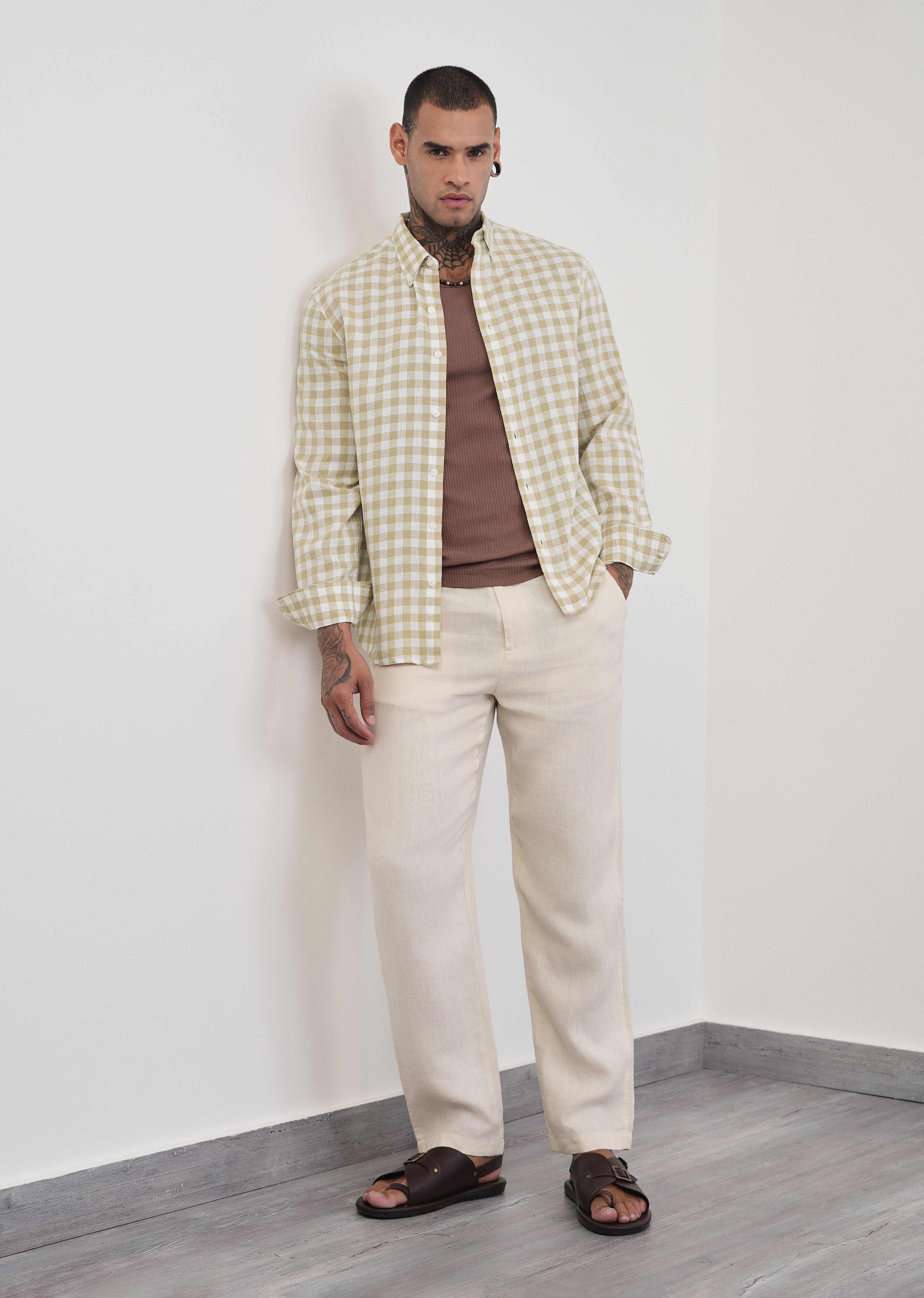 Beige Lyocell Linen Blend Check Shirt
