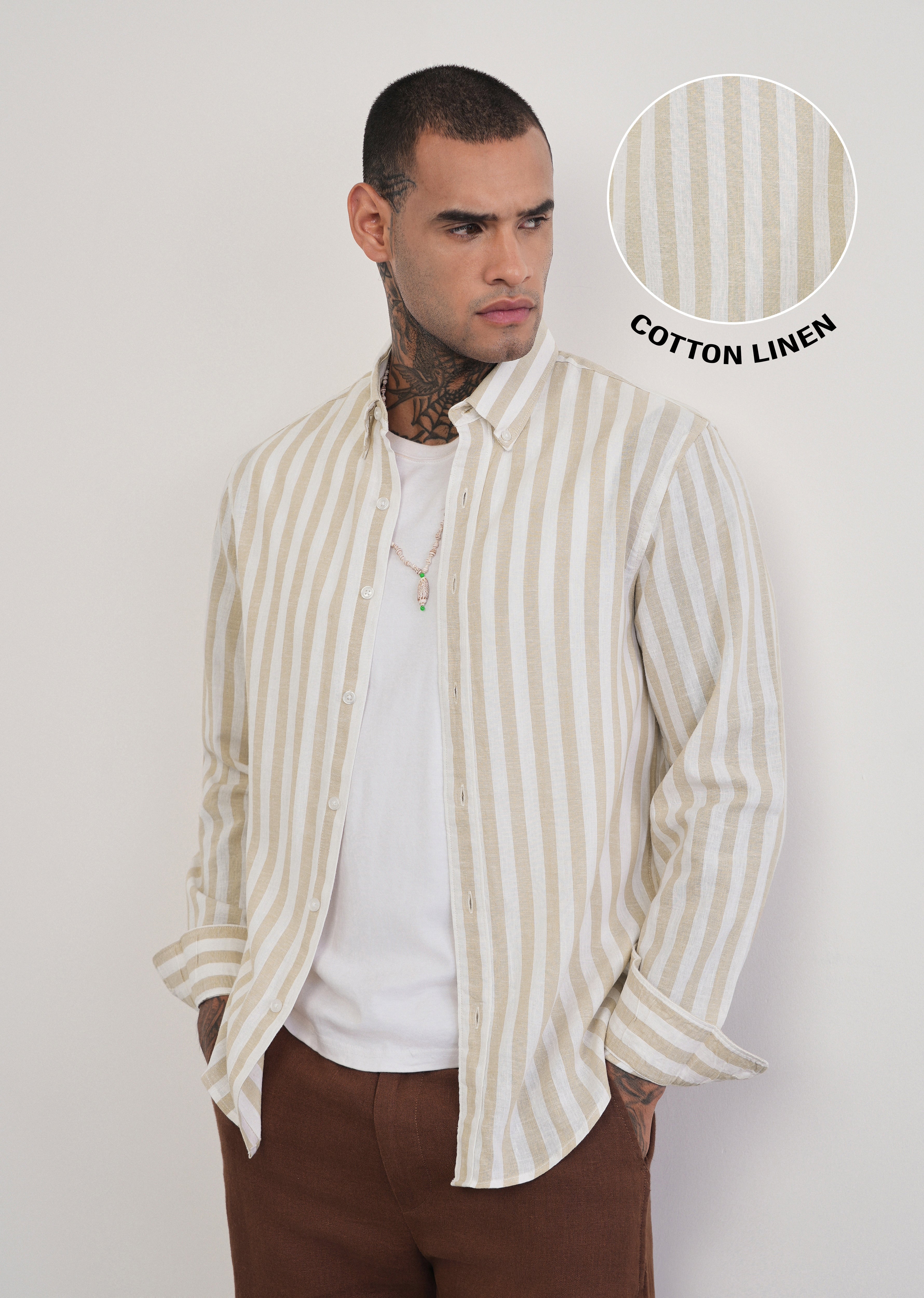 Beige Lyocell Linen Blend Stripe Shirt
