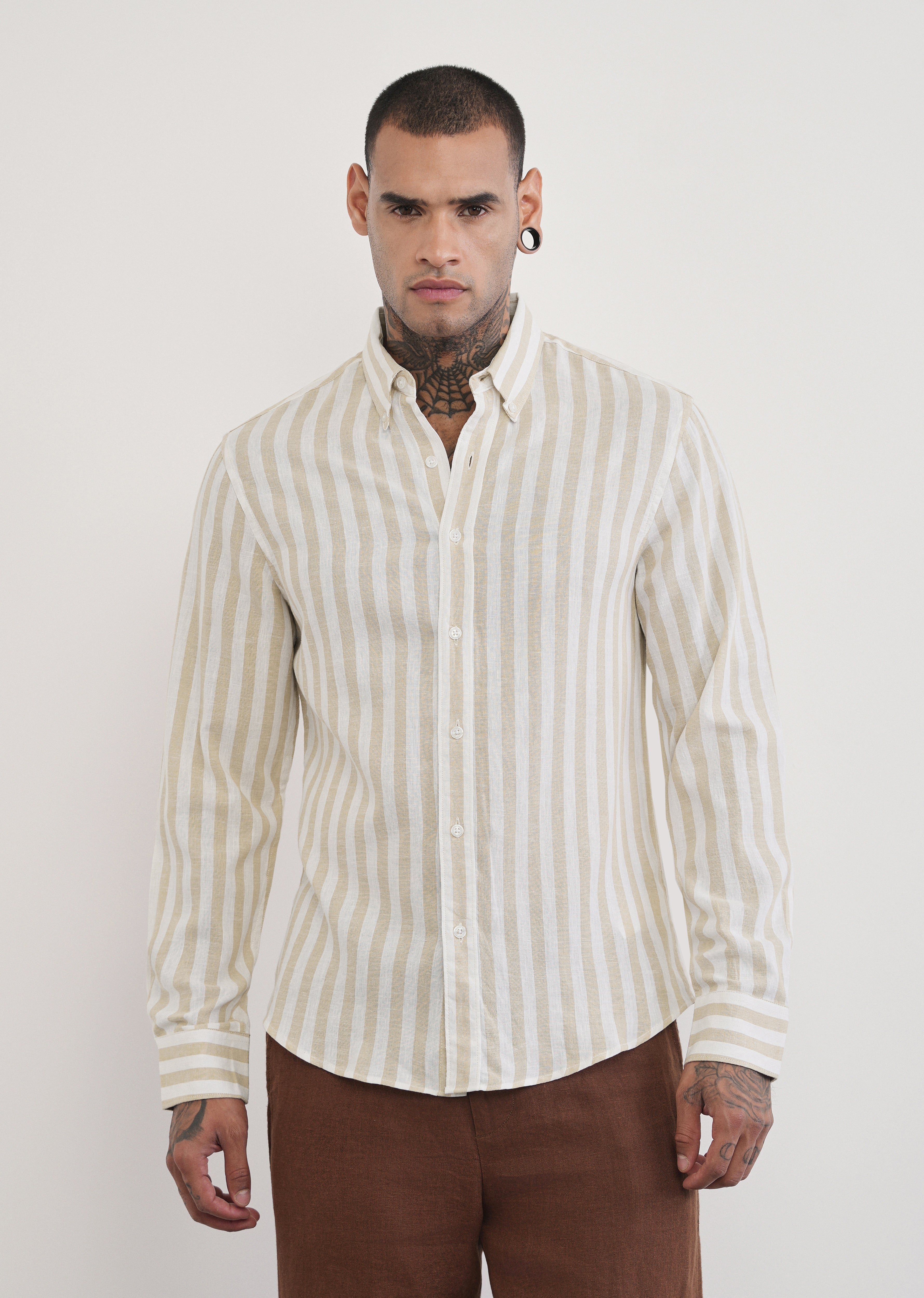 Beige Lyocell Linen Blend Stripe Shirt