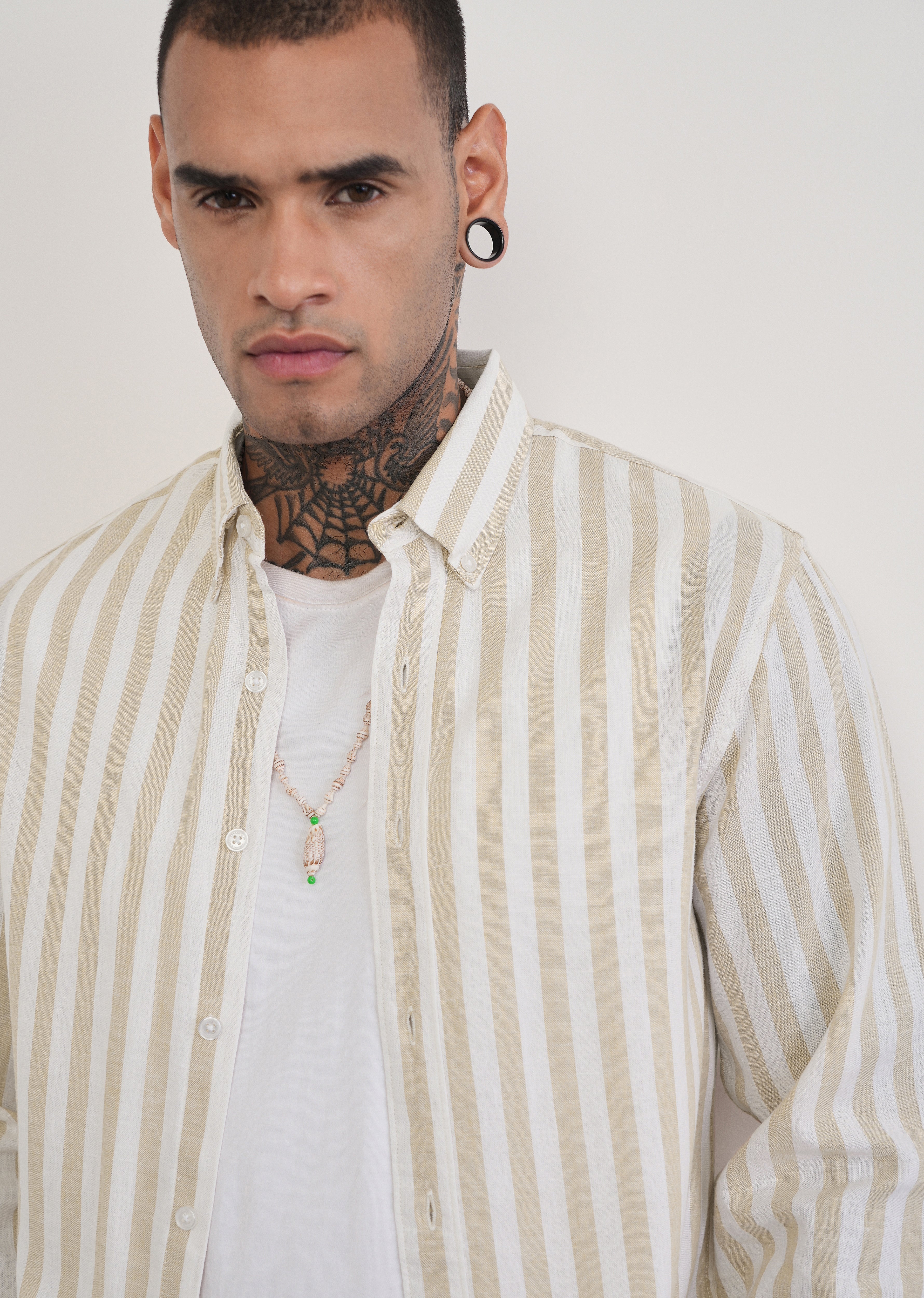 Beige Lyocell Linen Blend Stripe Shirt