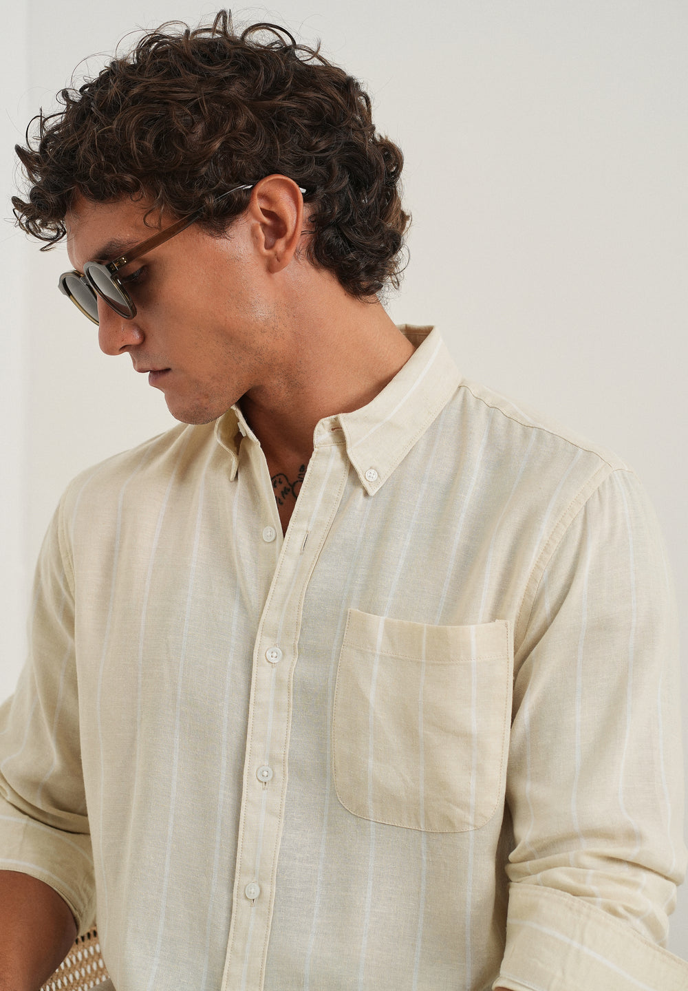 Beige Lyocell Linen Stripe Shirt