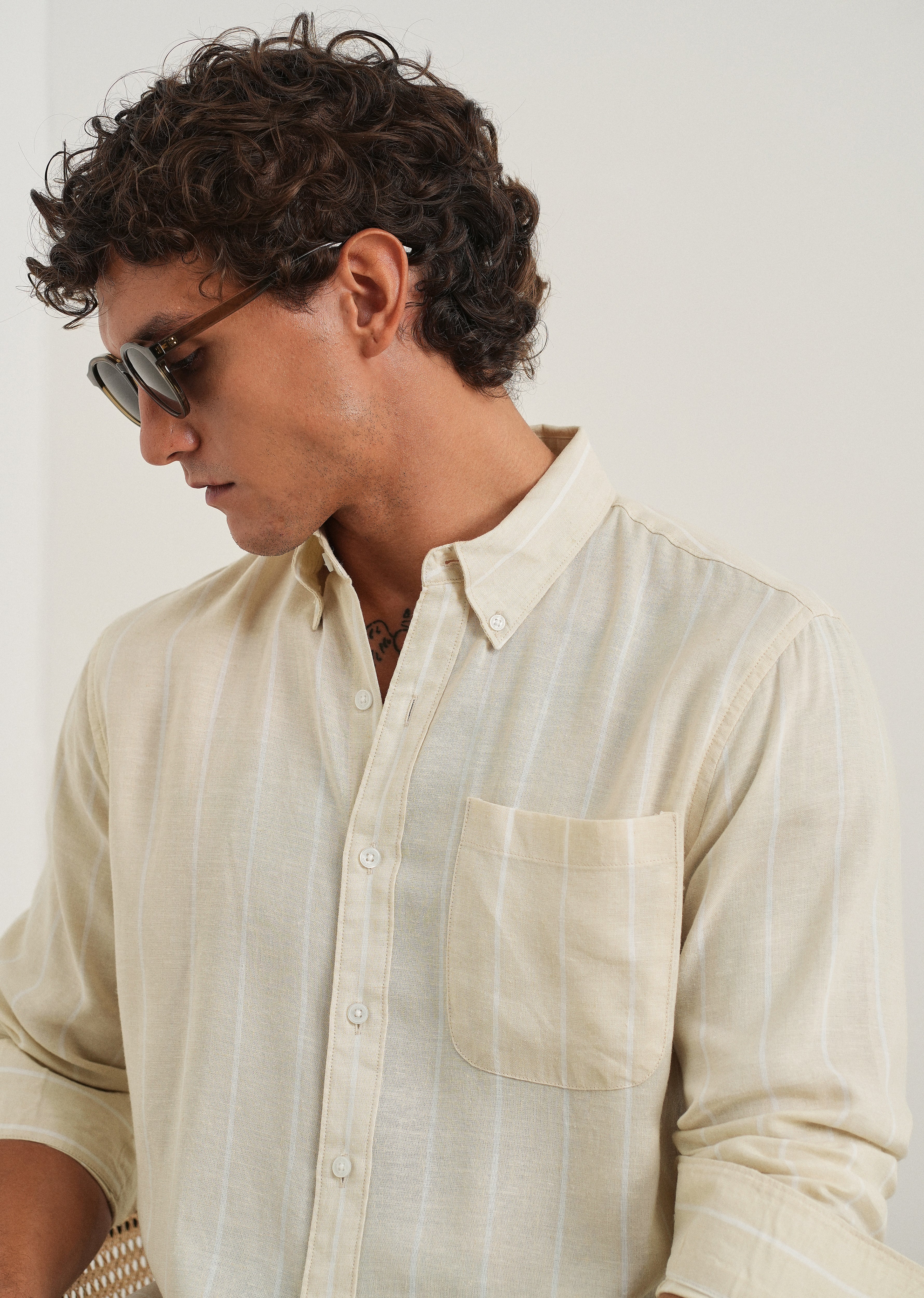 Beige Lyocell Linen Stripe Shirt