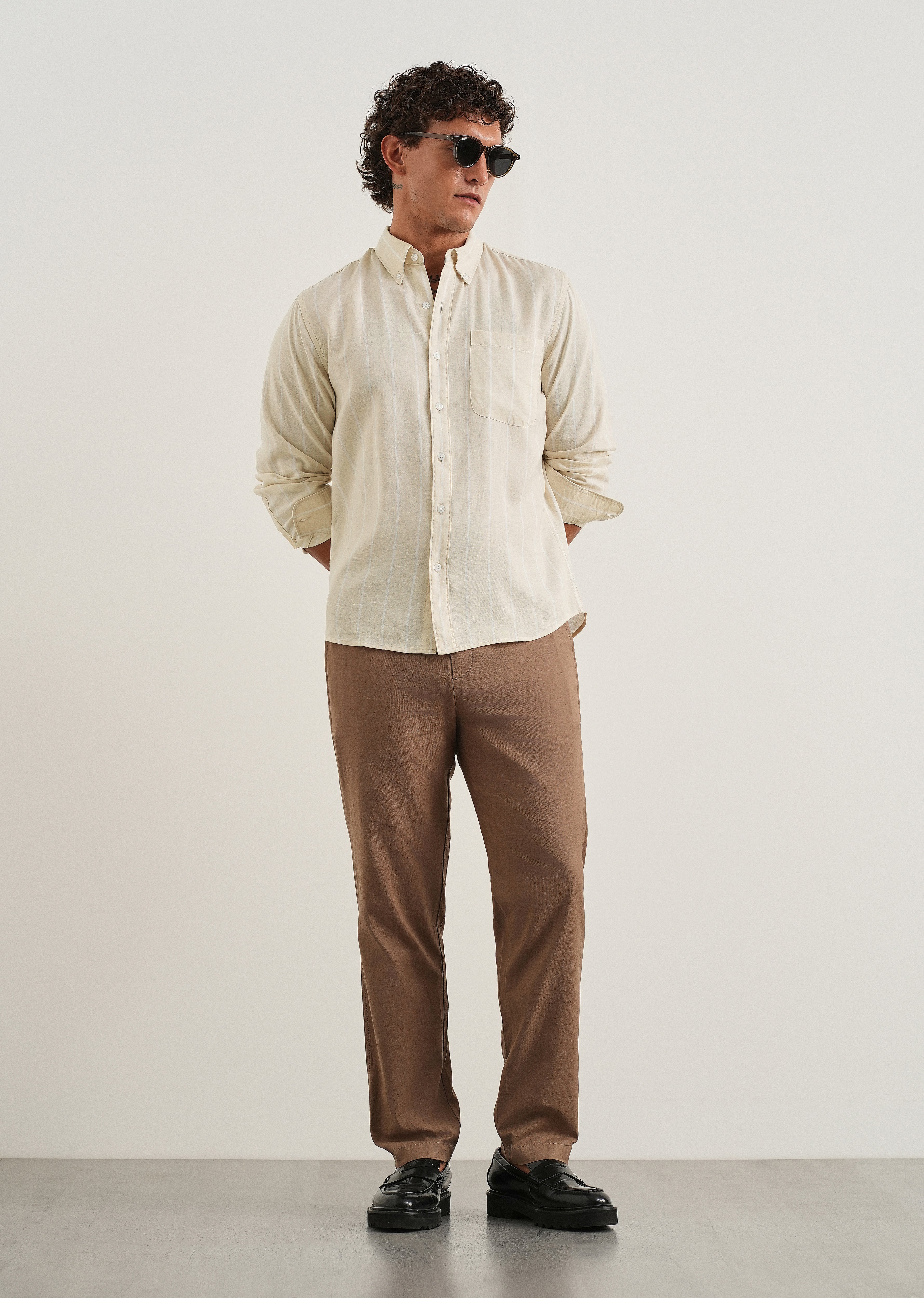 Beige Lyocell Linen Stripe Shirt