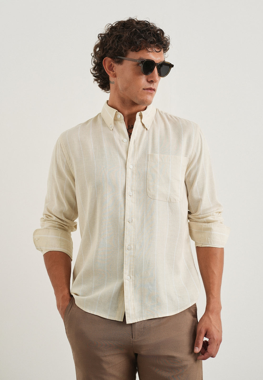 Beige Lyocell Linen Stripe Shirt