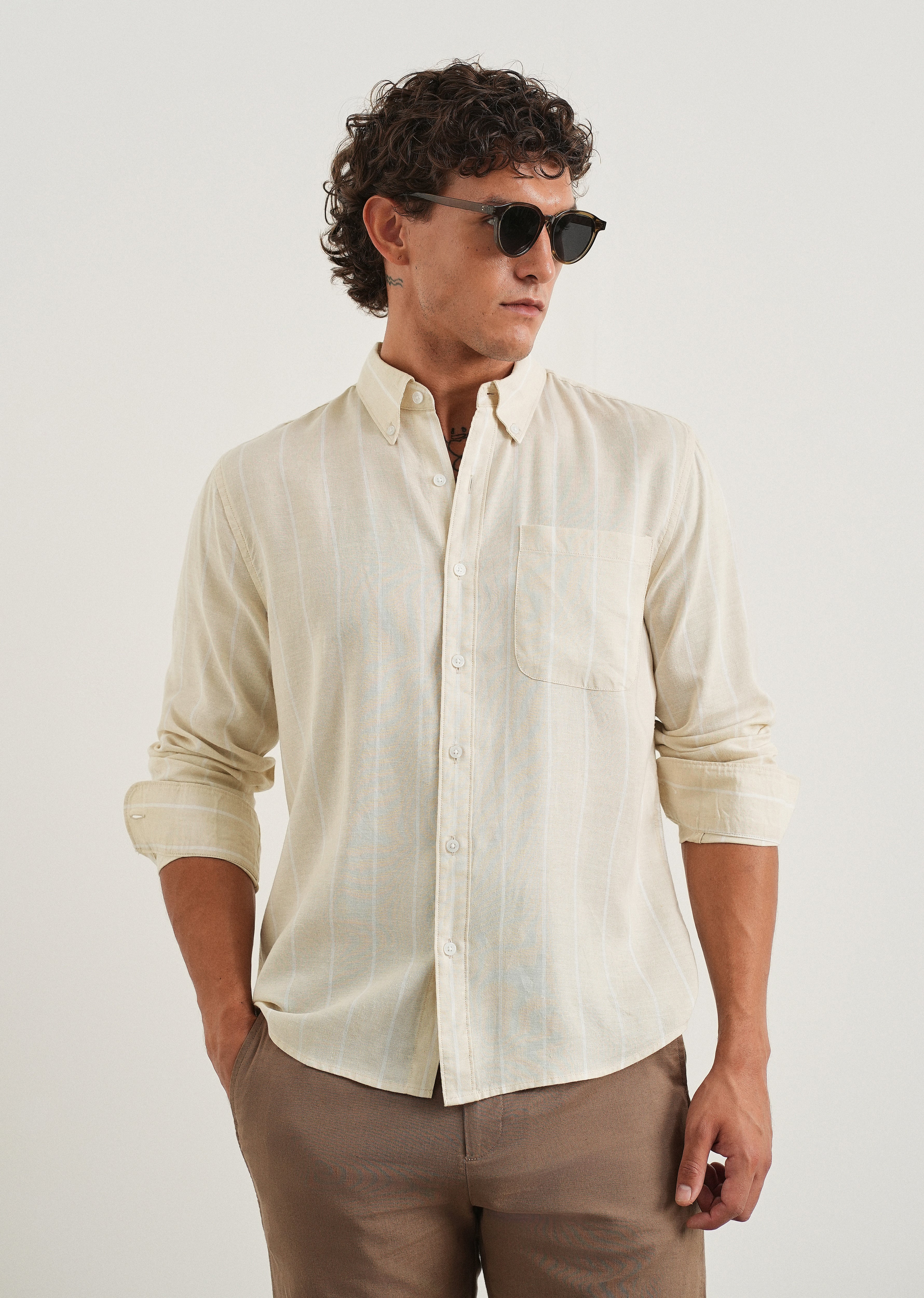 Beige Lyocell Linen Stripe Shirt