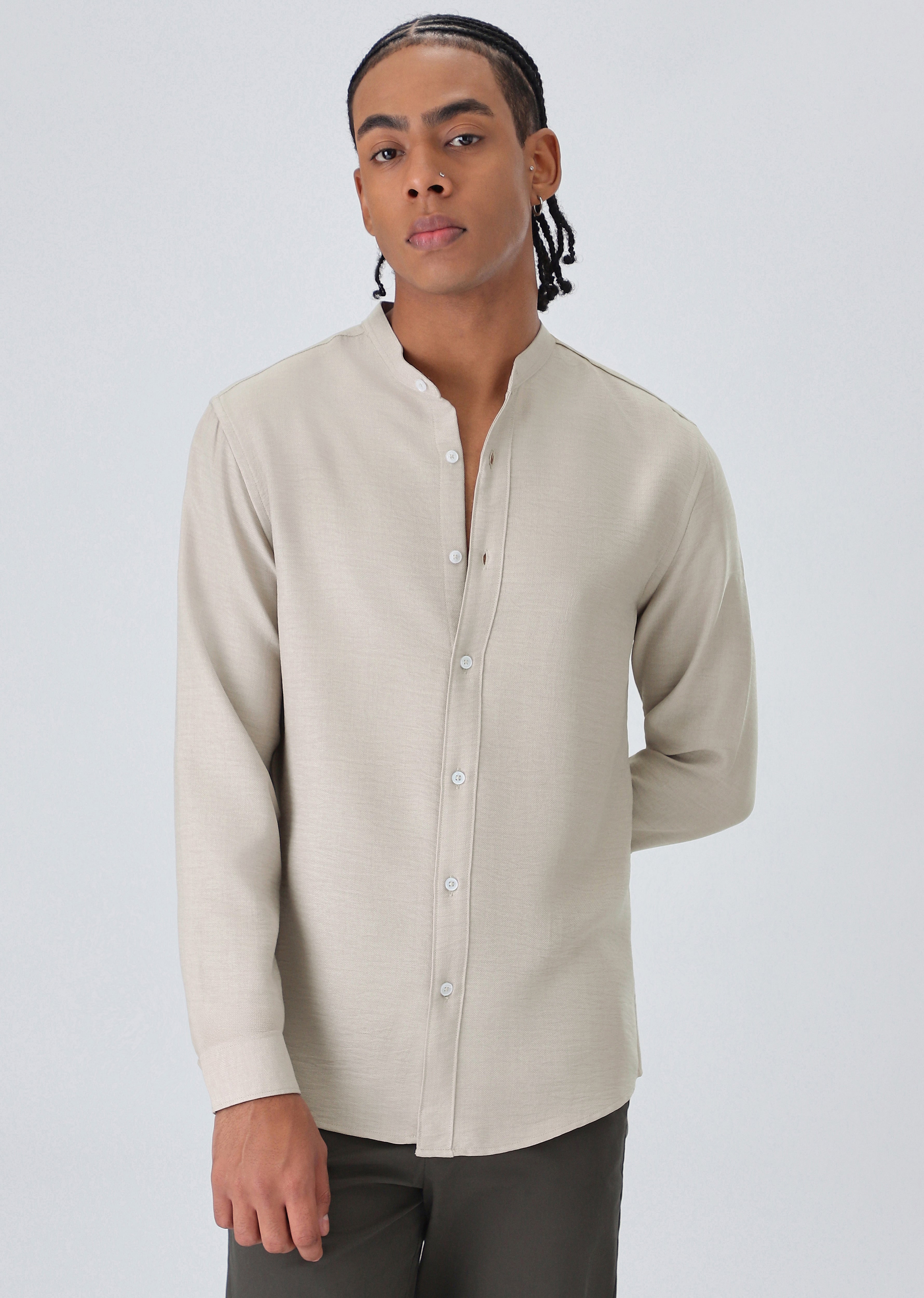 Beige Plain Mandarin Collar Shirt