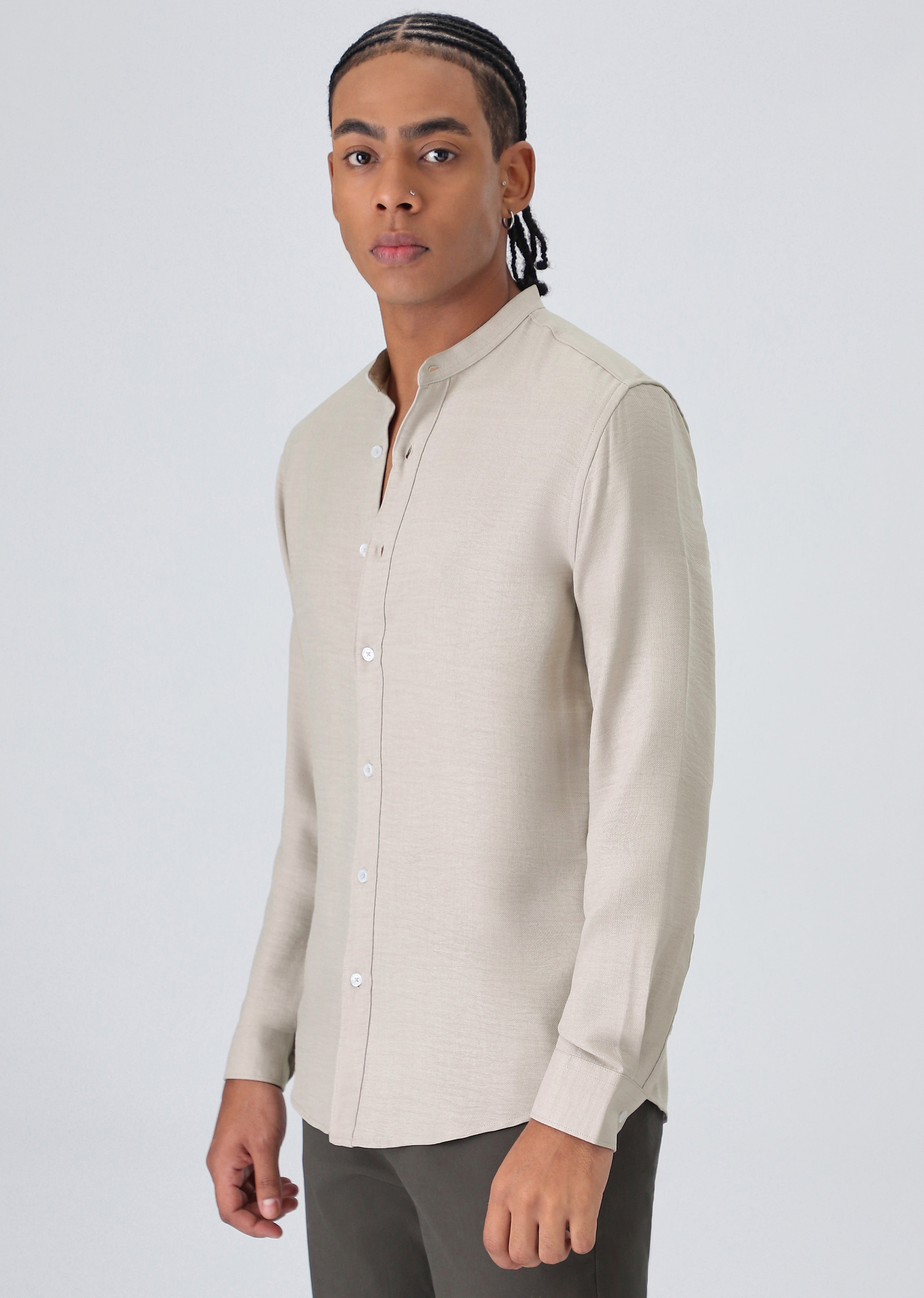 Beige Plain Mandarin Collar Shirt