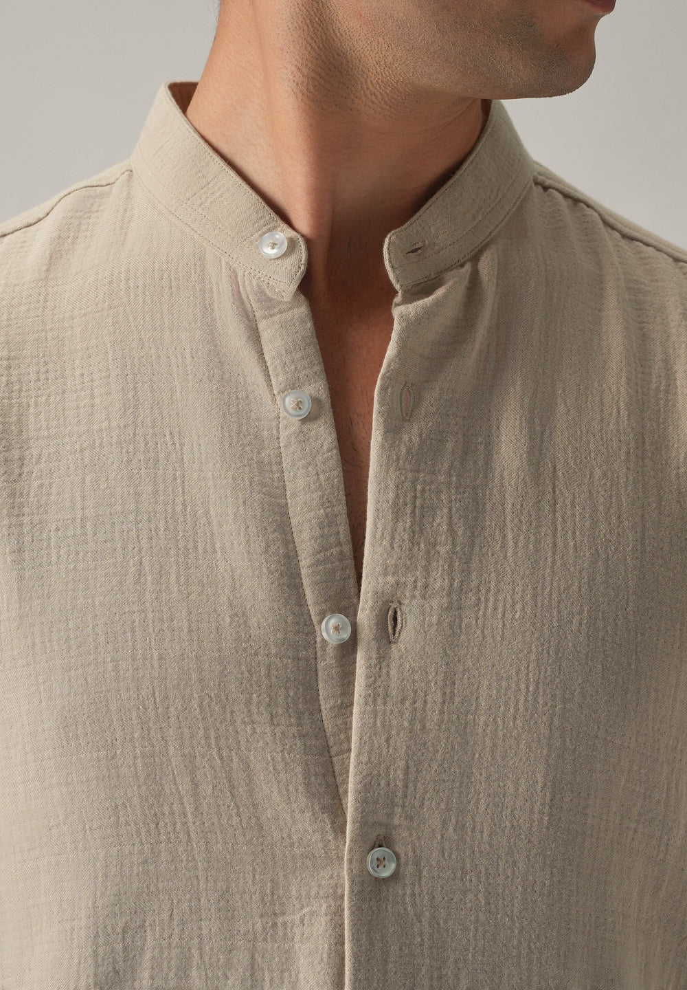 Beige Plain Mandarin Collar Cotton Shirt