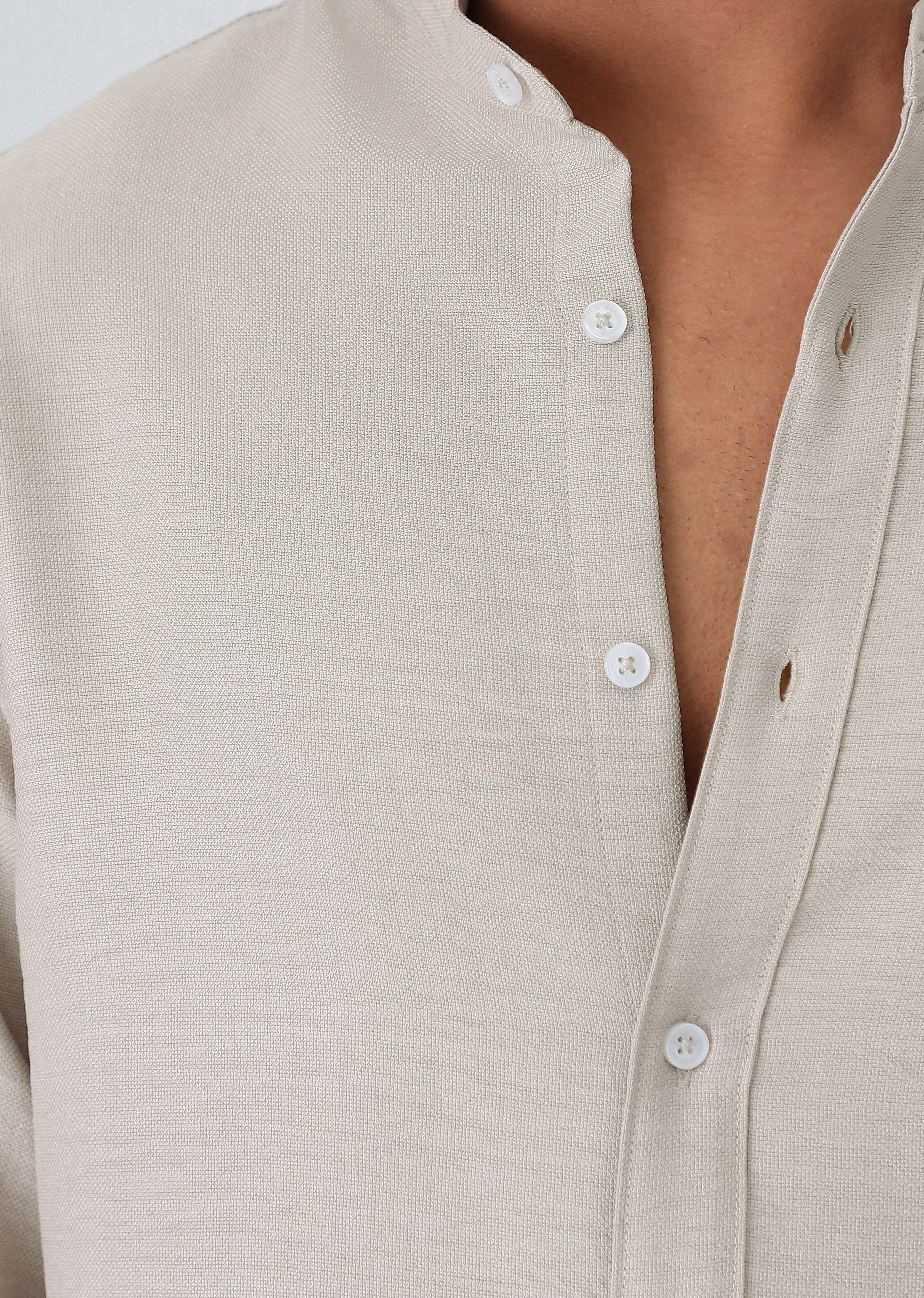 Beige Plain Mandarin Collar Shirt