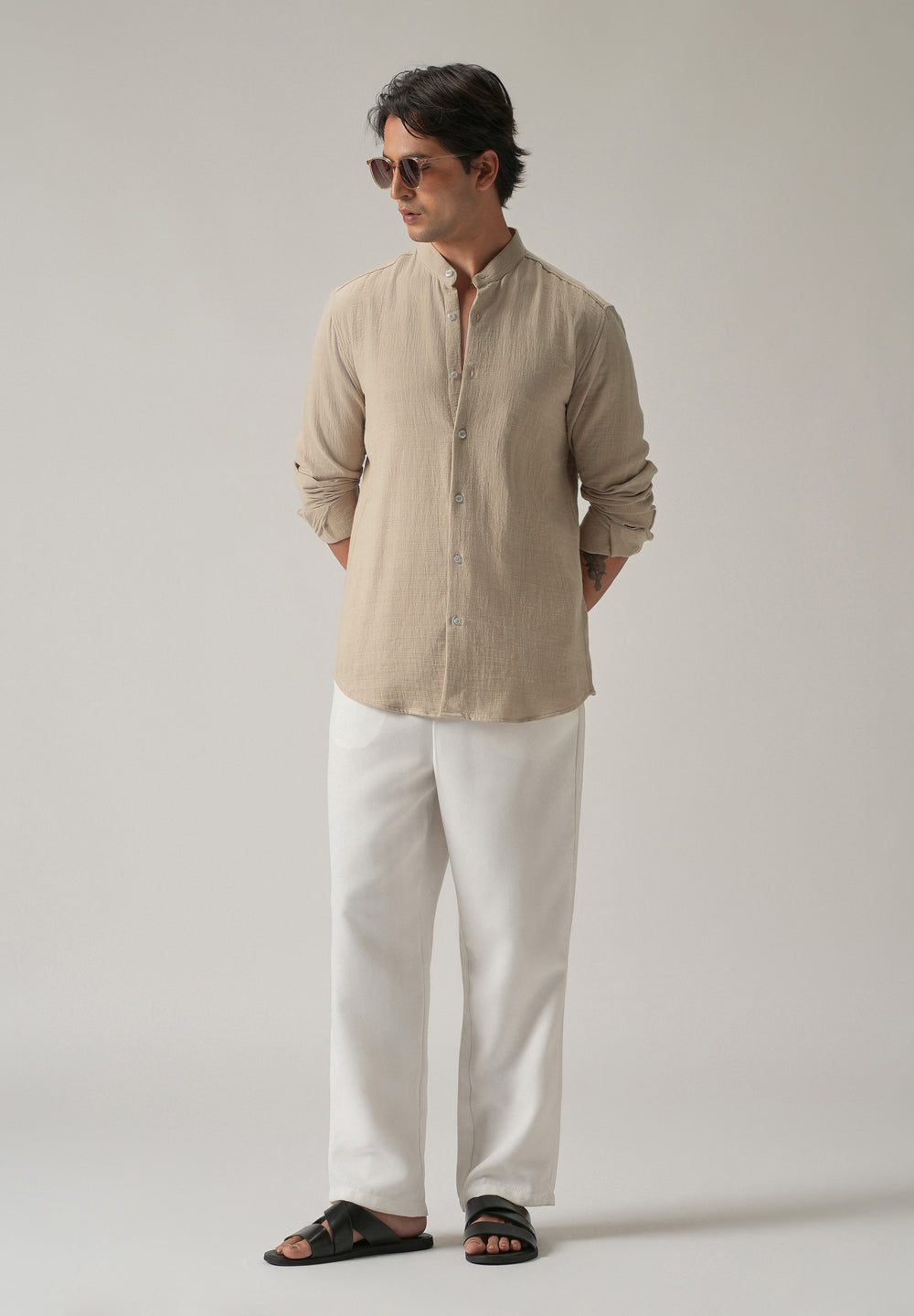 Beige Plain Mandarin Collar Cotton Shirt