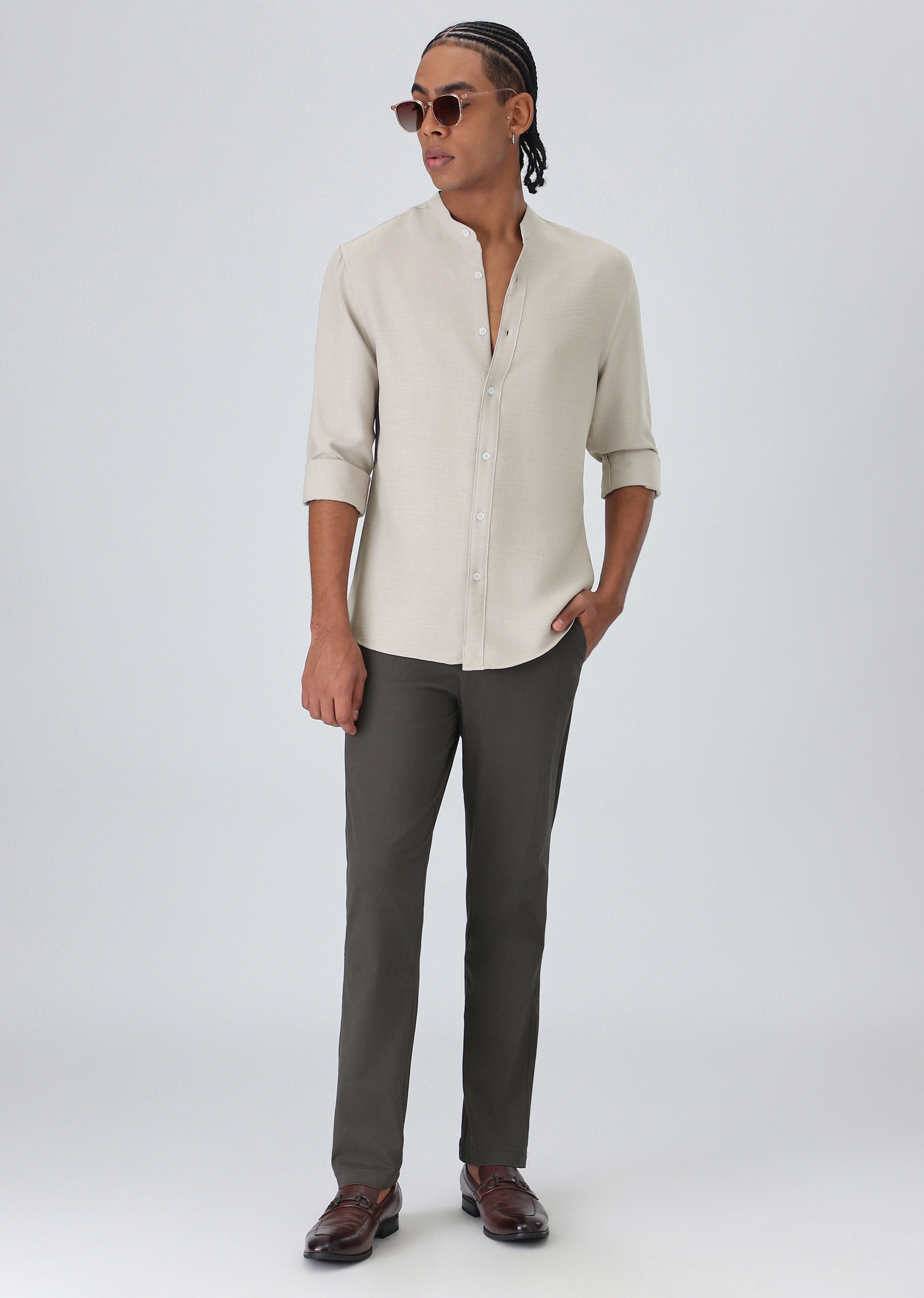 Beige Plain Mandarin Collar Shirt