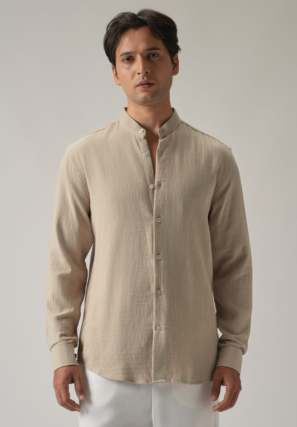 Beige Plain Mandarin Collar Cotton Shirt