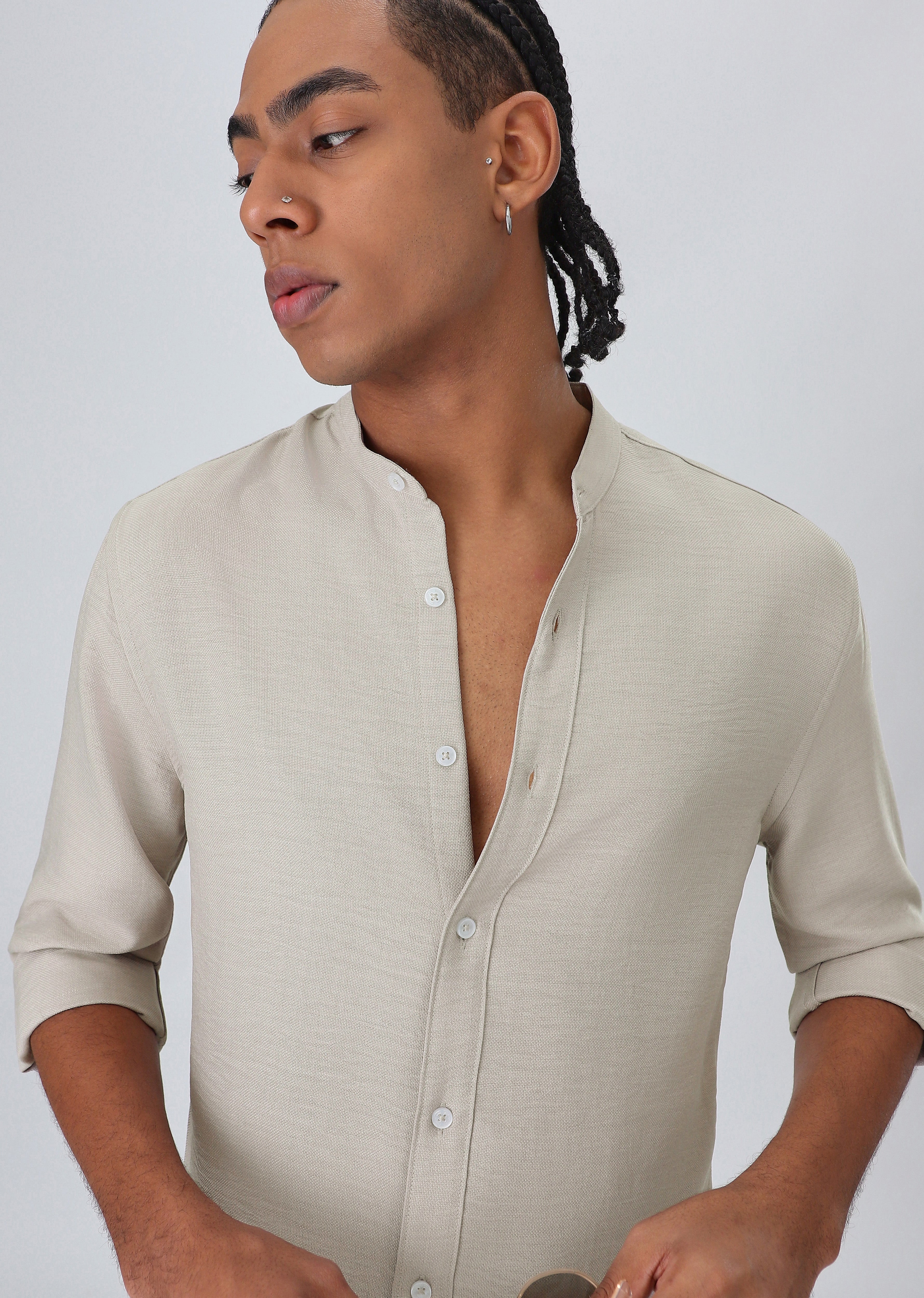 Beige Plain Mandarin Collar Shirt