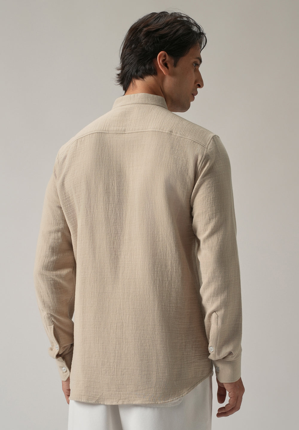 Beige Plain Mandarin Collar Cotton Shirt