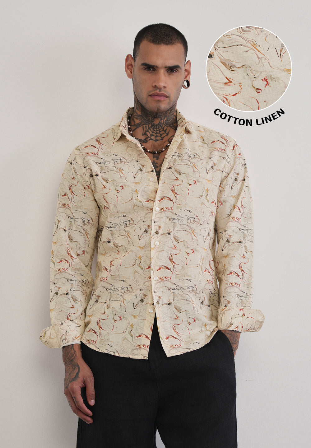 Beige Marble Print Cotton Linen Shirt