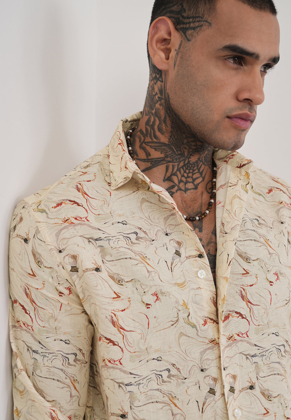 Beige Marble Print Cotton Linen Shirt