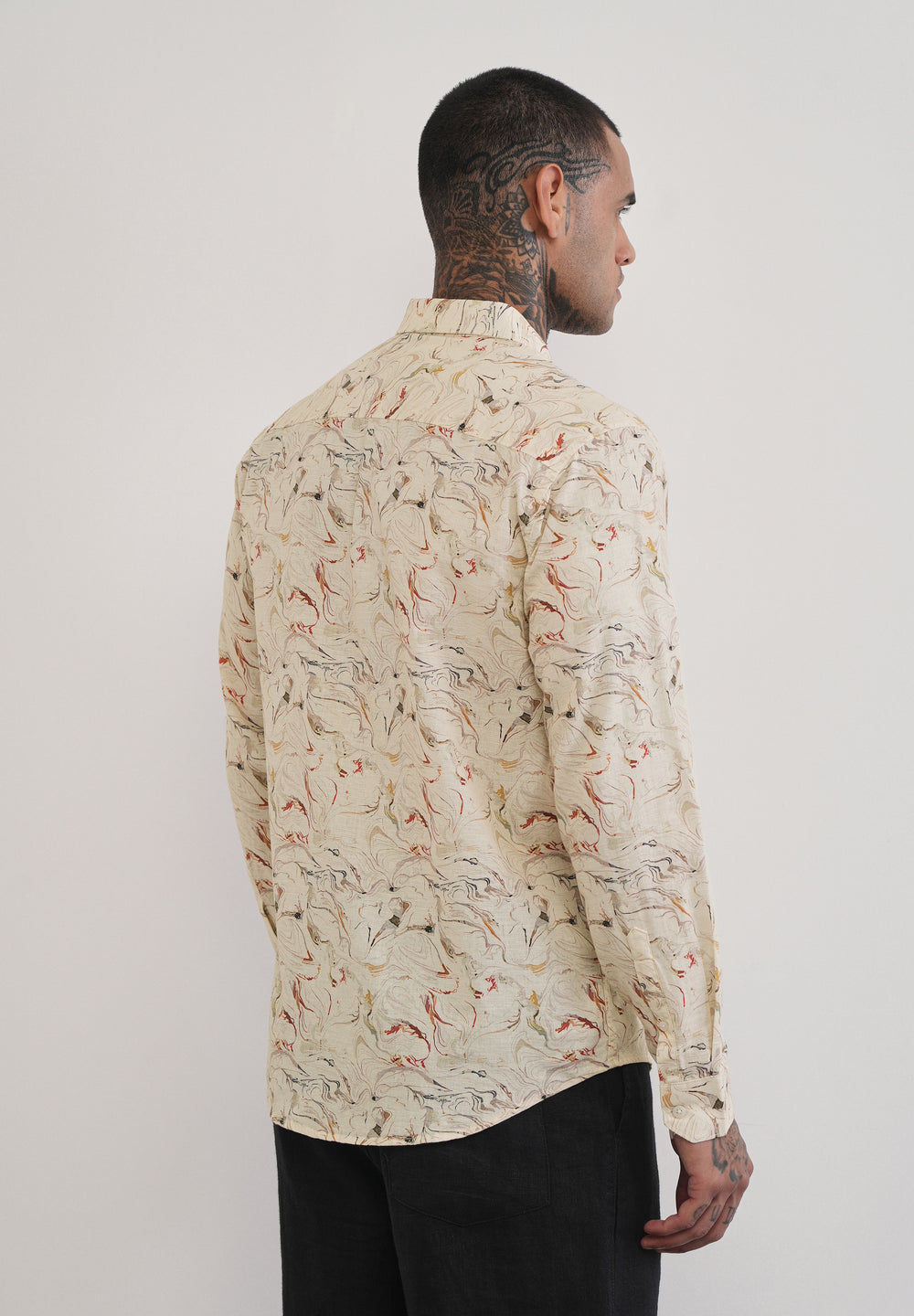 Beige Marble Print Cotton Linen Shirt