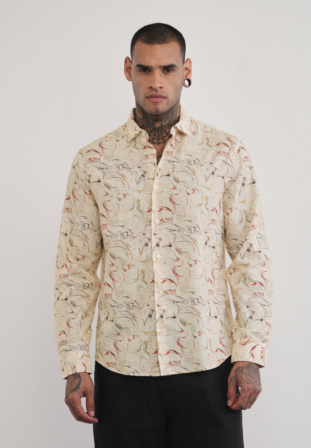 Beige Marble Print Cotton Linen Shirt