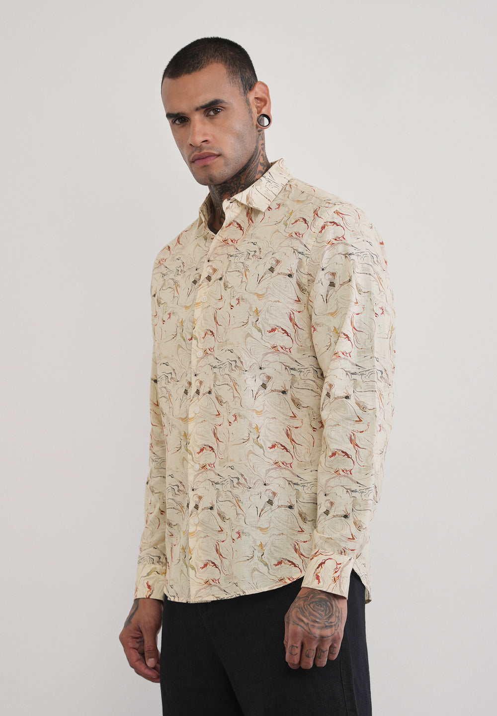 Beige Marble Print Cotton Linen Shirt
