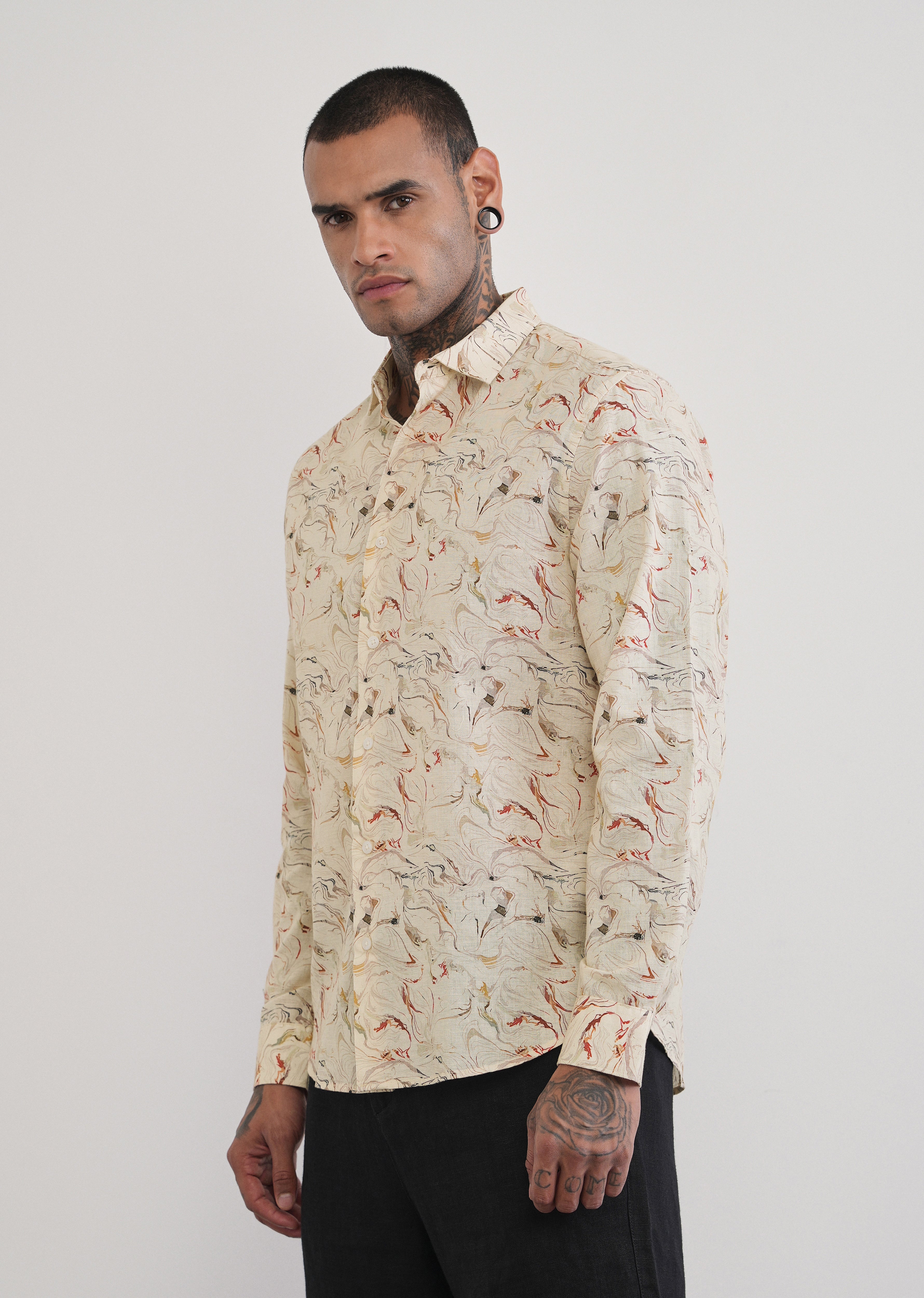 Beige Marble Print Cotton Linen Shirt