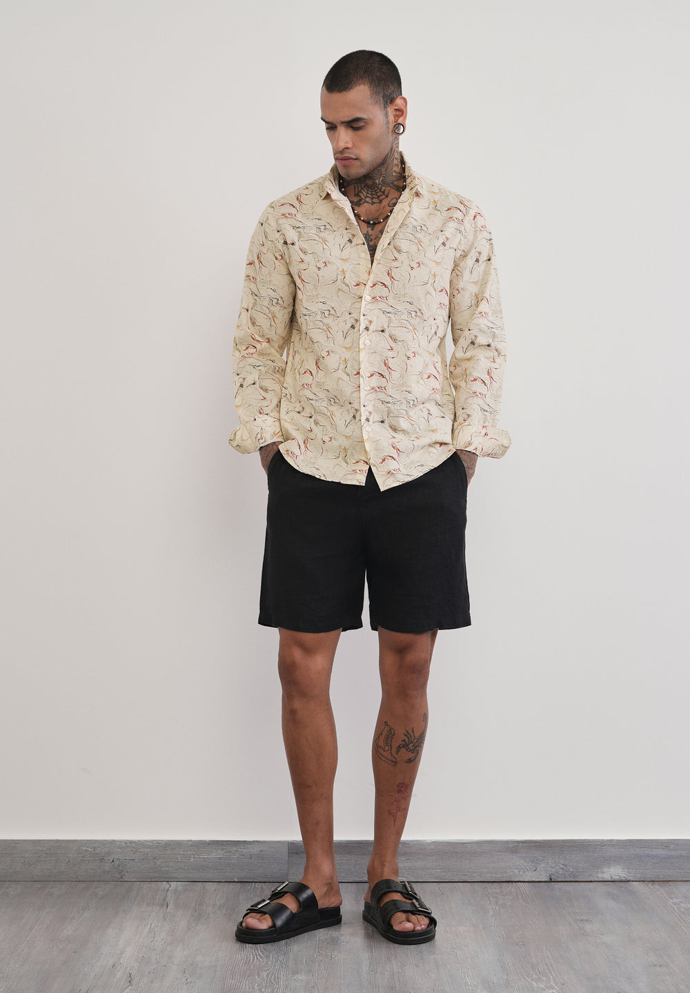 Beige Marble Print Cotton Linen Shirt