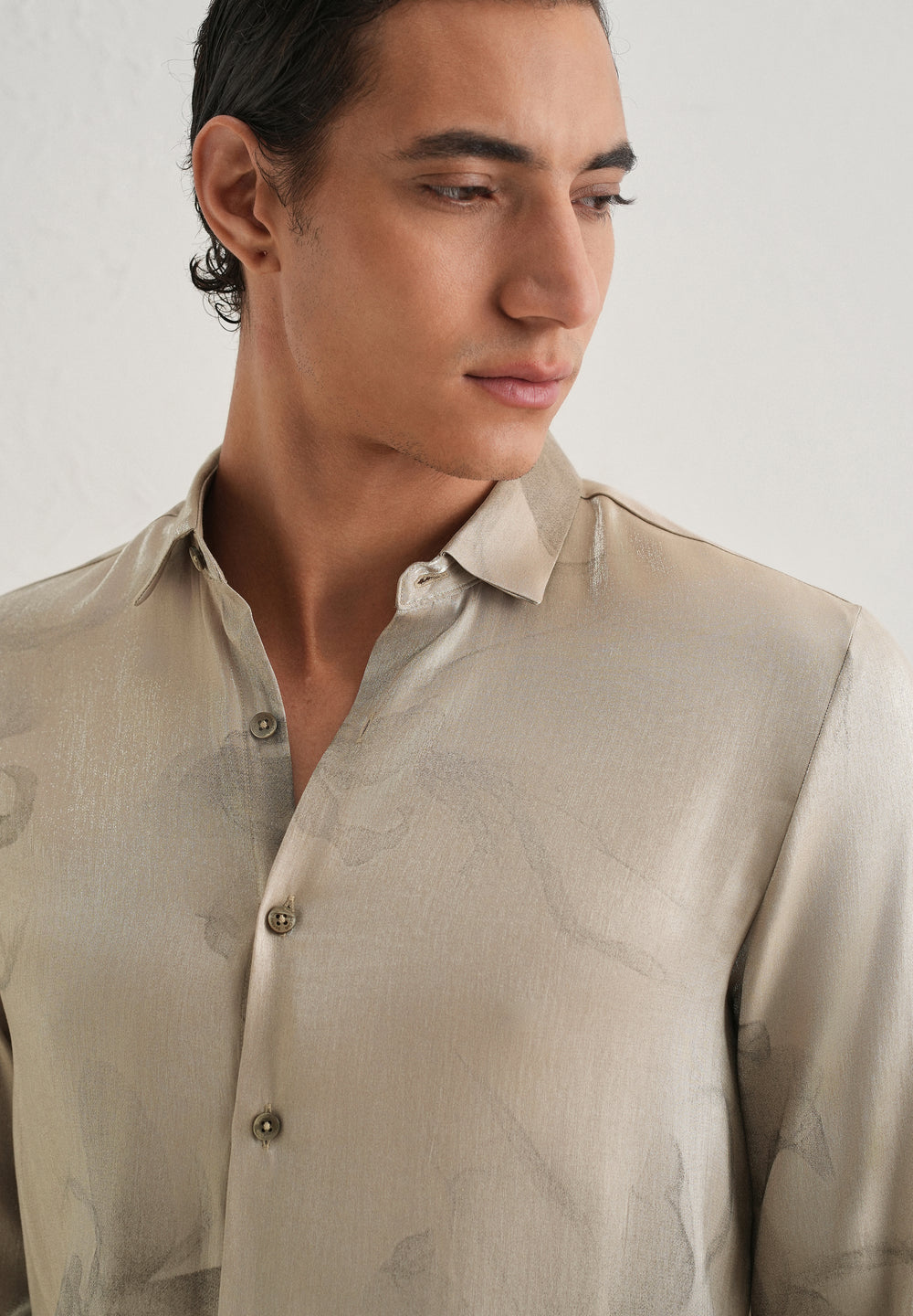 Beige Metallic Sheen-Look Printed Shirt