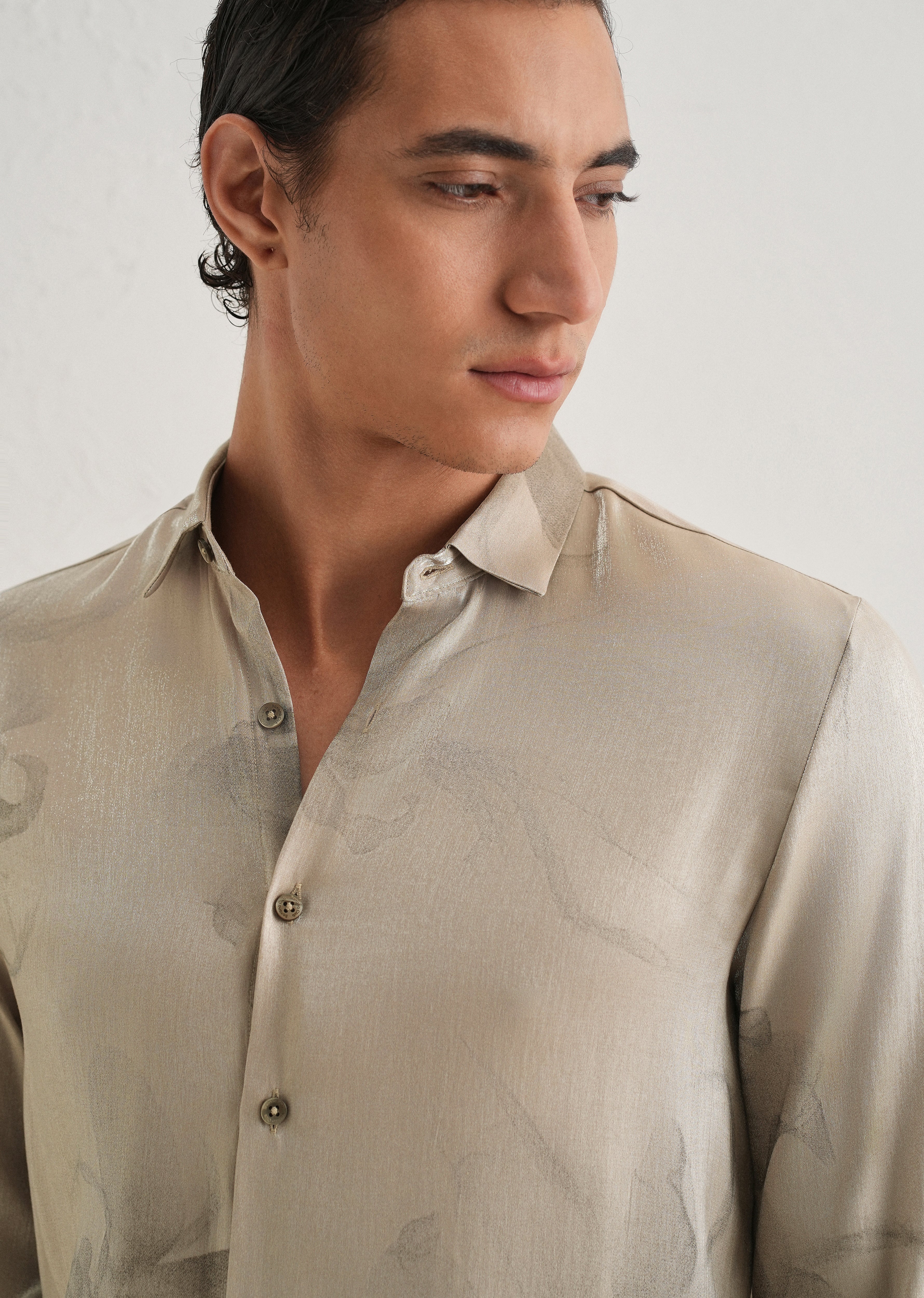 Beige Metallic Sheen-Look Printed Shirt