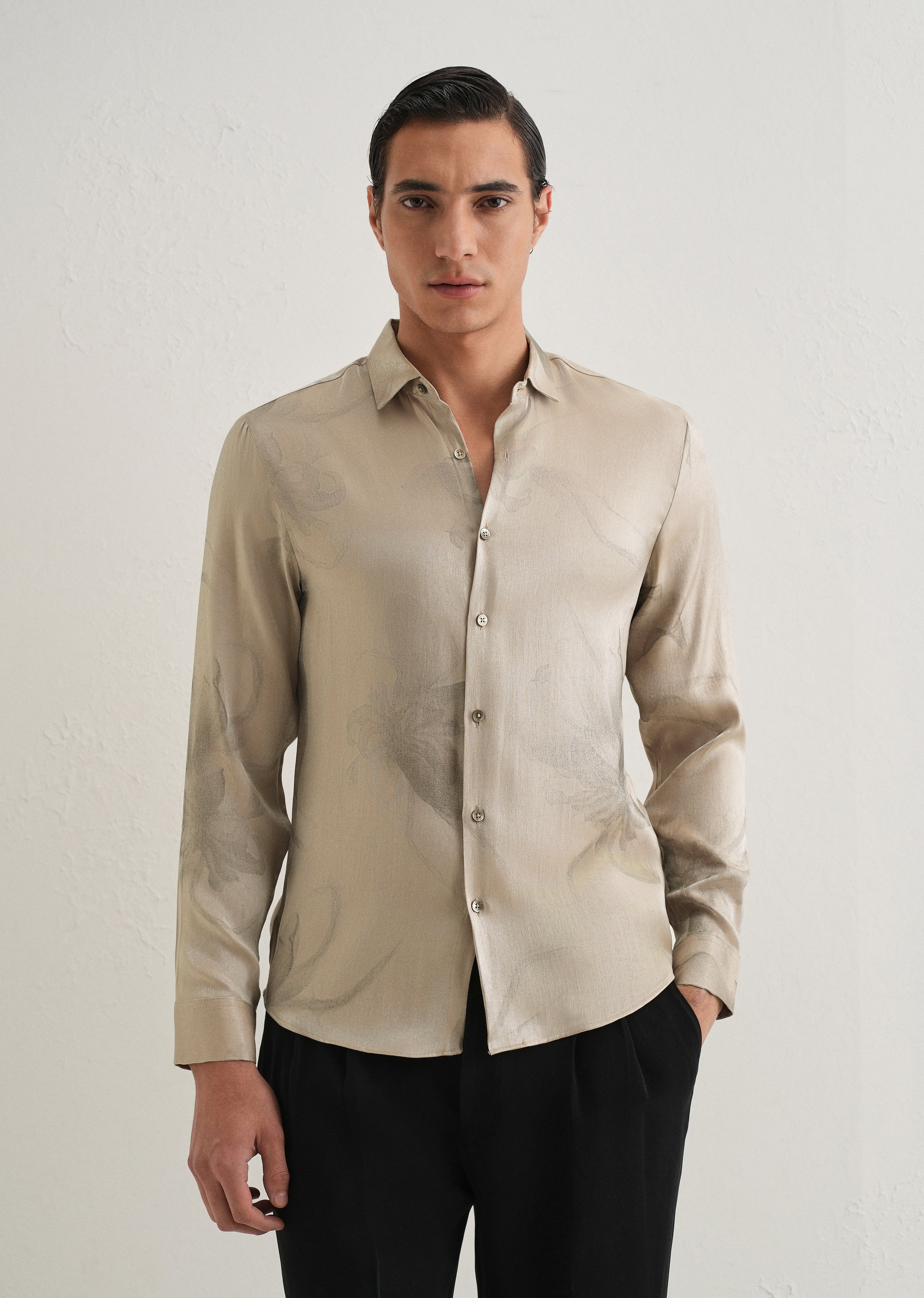 Beige Metallic Sheen-Look Printed Shirt