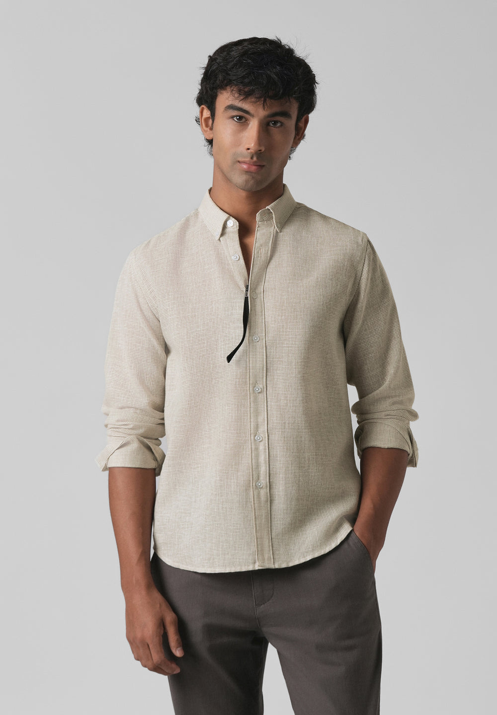 Beige Micro Checks Blended Cotton Shirt