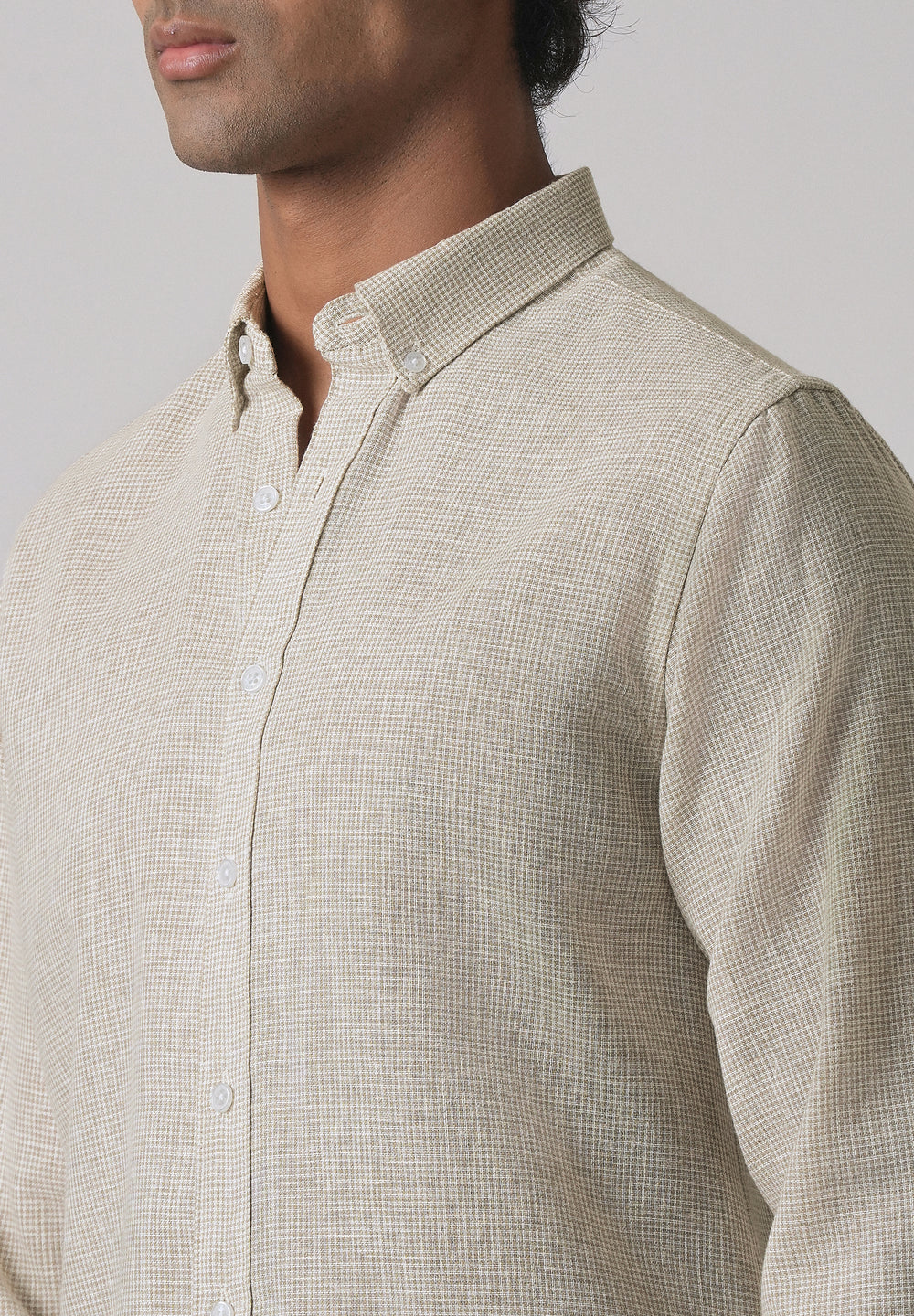 Beige Micro Checks Blended Cotton Shirt