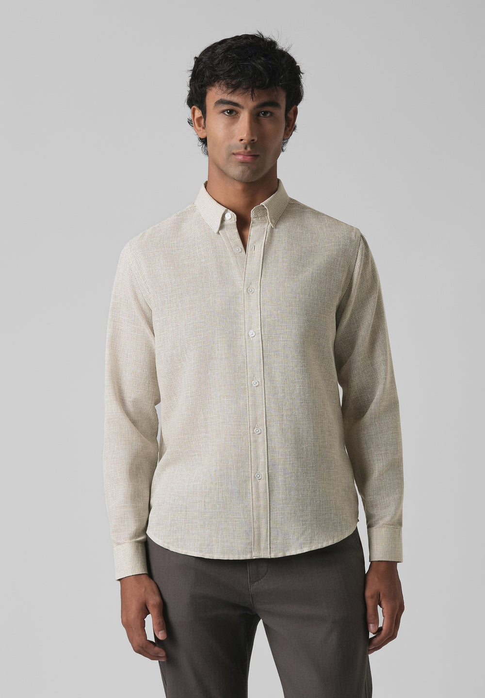 Beige Micro Checks Blended Cotton Shirt