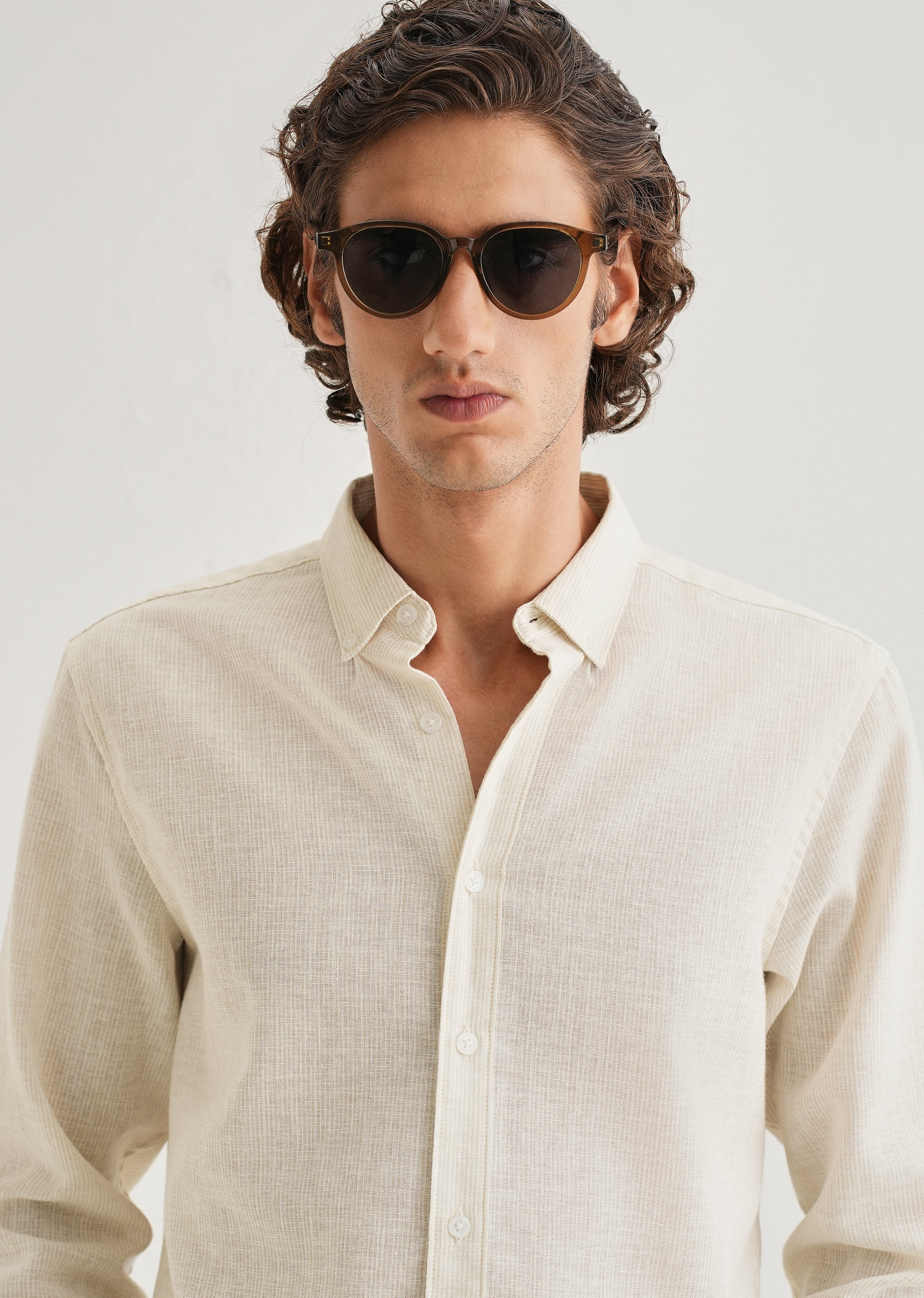 Beige Micro Striped Blended Linen Shirt
