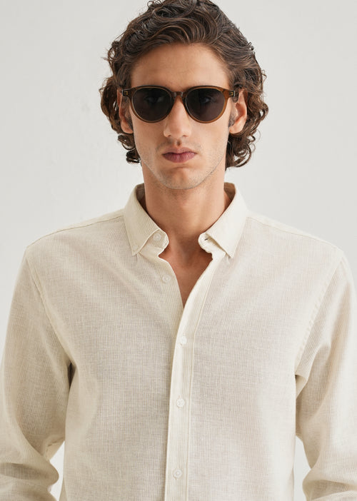 Beige Micro Striped Blended Linen Shirt
