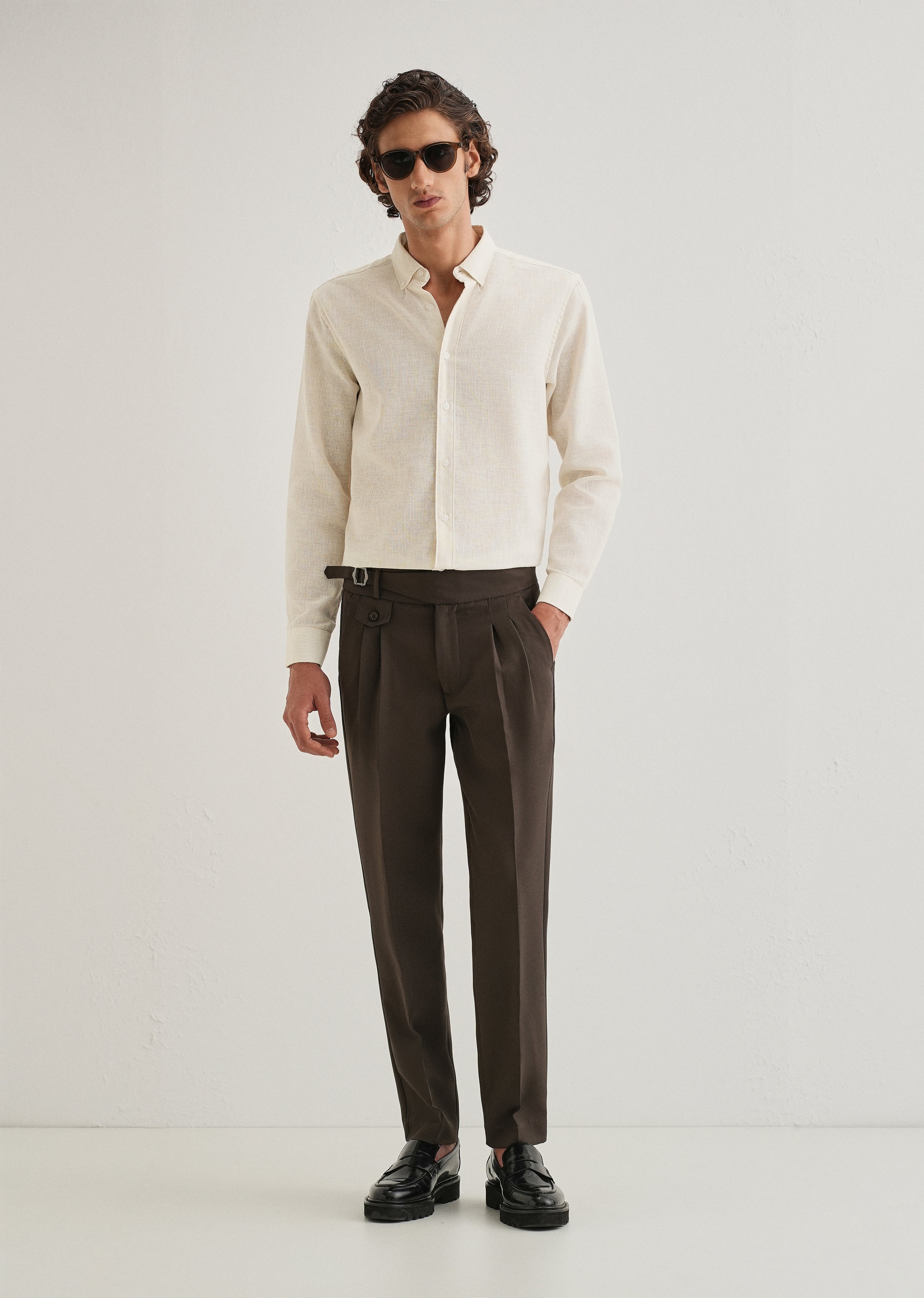 Beige Micro Striped Blended Linen Shirt