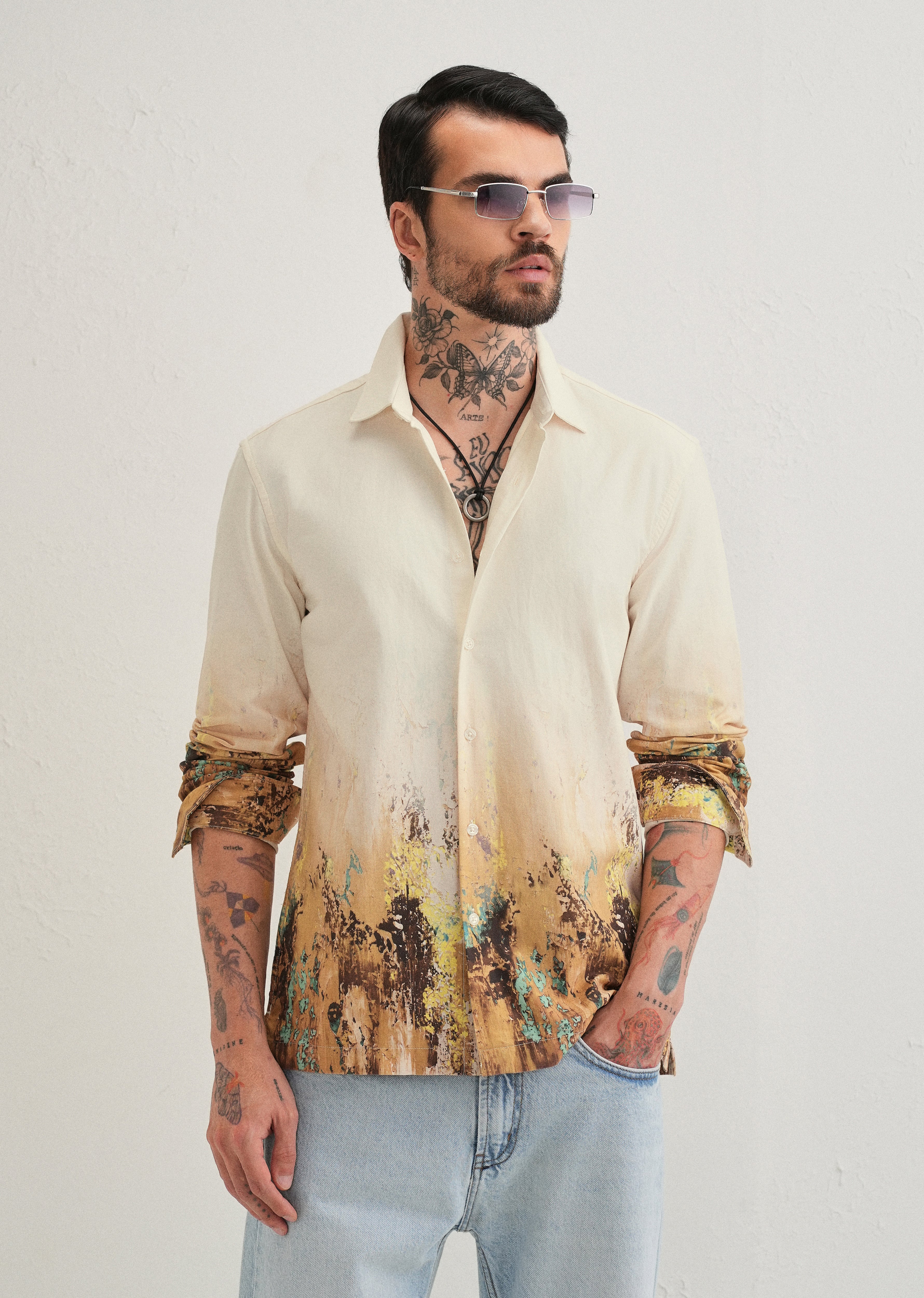 Beige Mustard Paint Printed Shirt