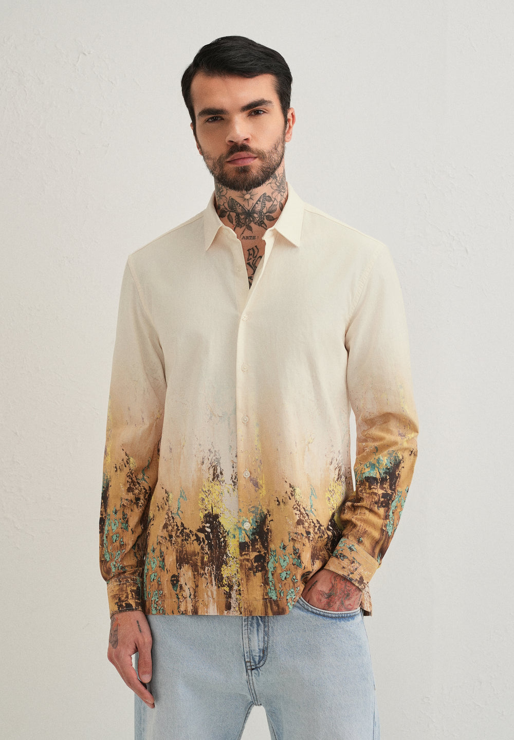 Beige Mustard Paint Printed Shirt