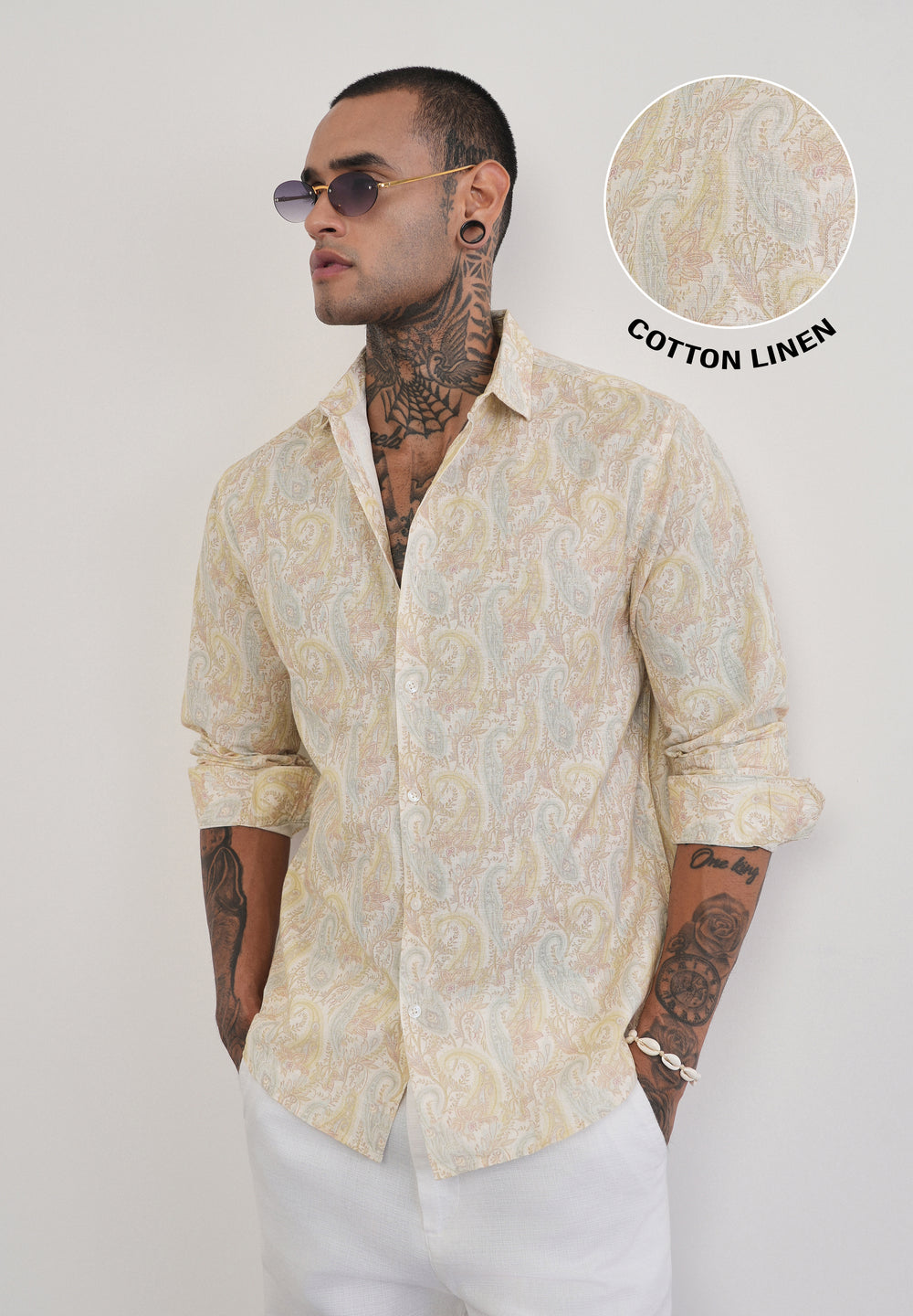 Beige Paisley Print Cotton Linen Shirt