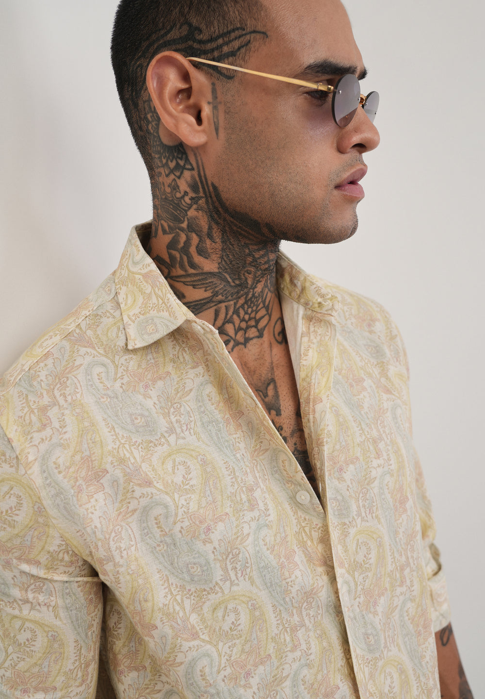 Beige Paisley Print Cotton Linen Shirt