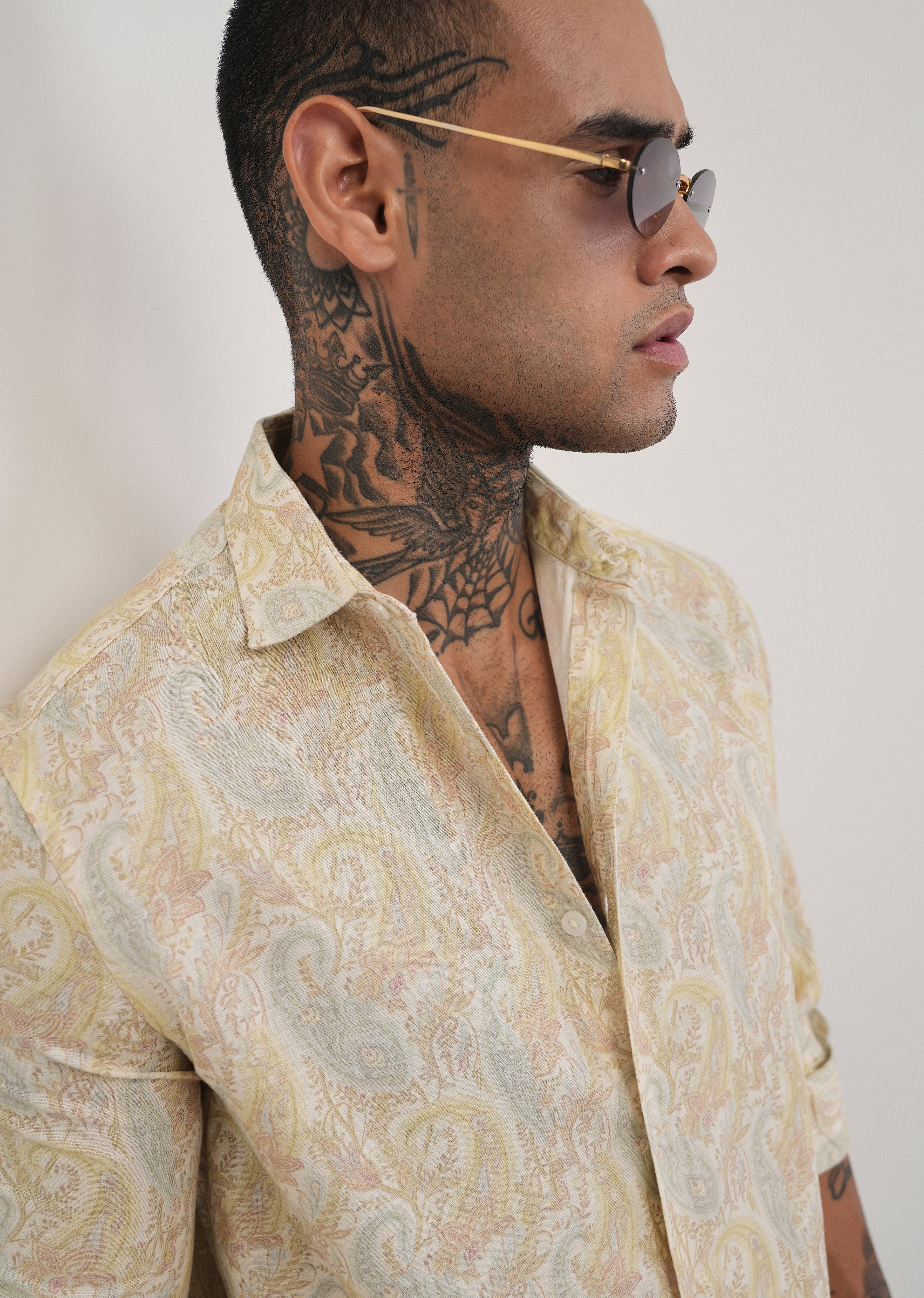 Beige Paisley Print Cotton Linen Shirt