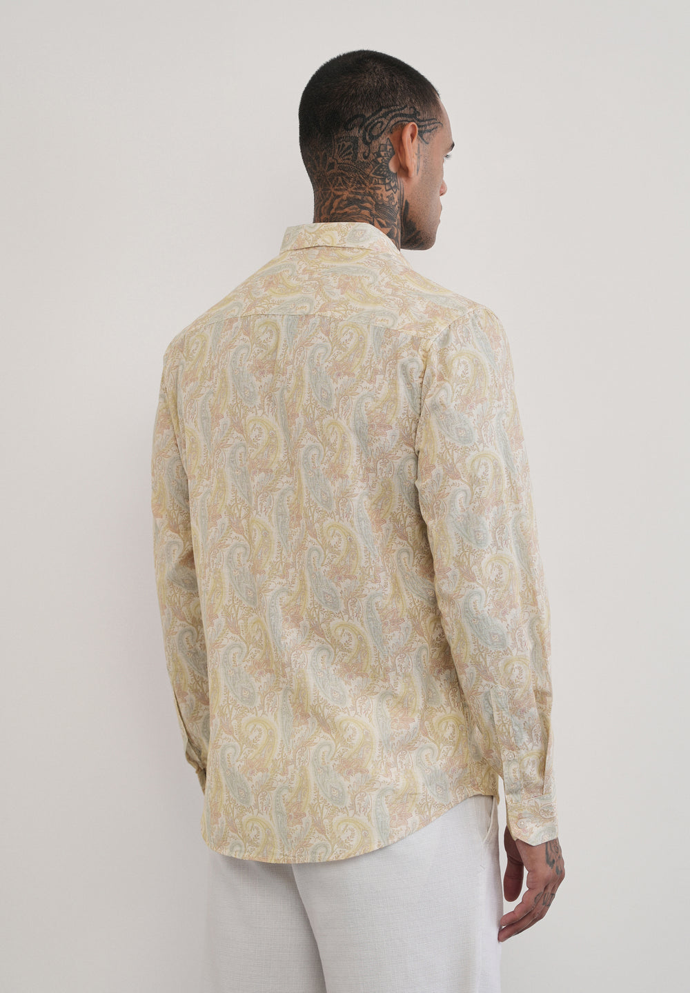 Beige Paisley Print Cotton Linen Shirt