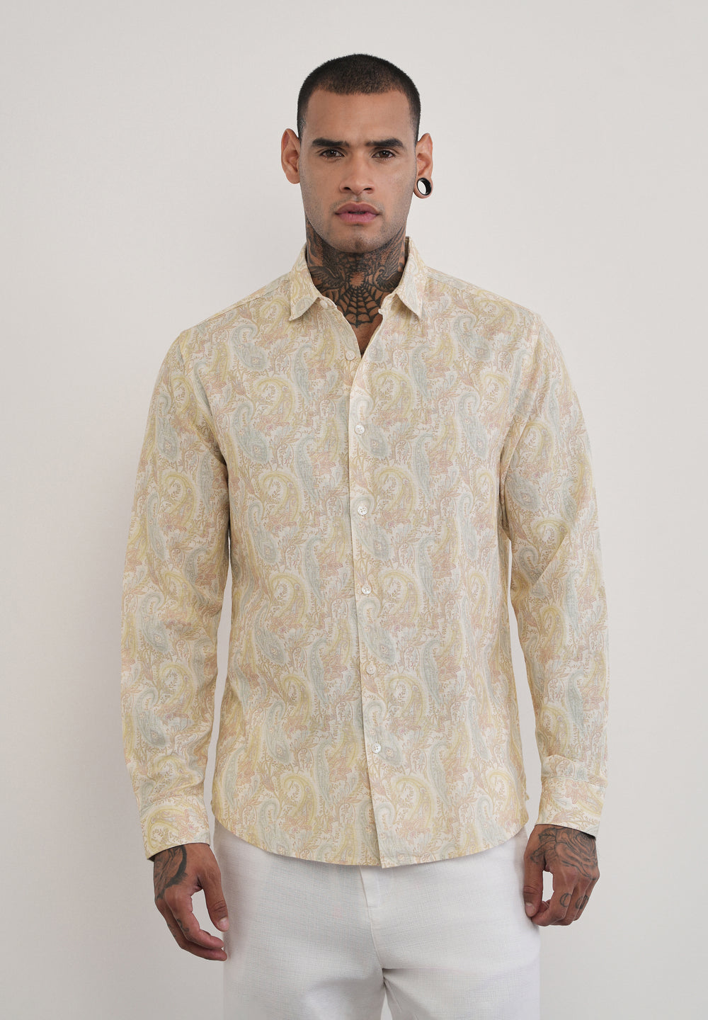 Beige Paisley Print Cotton Linen Shirt